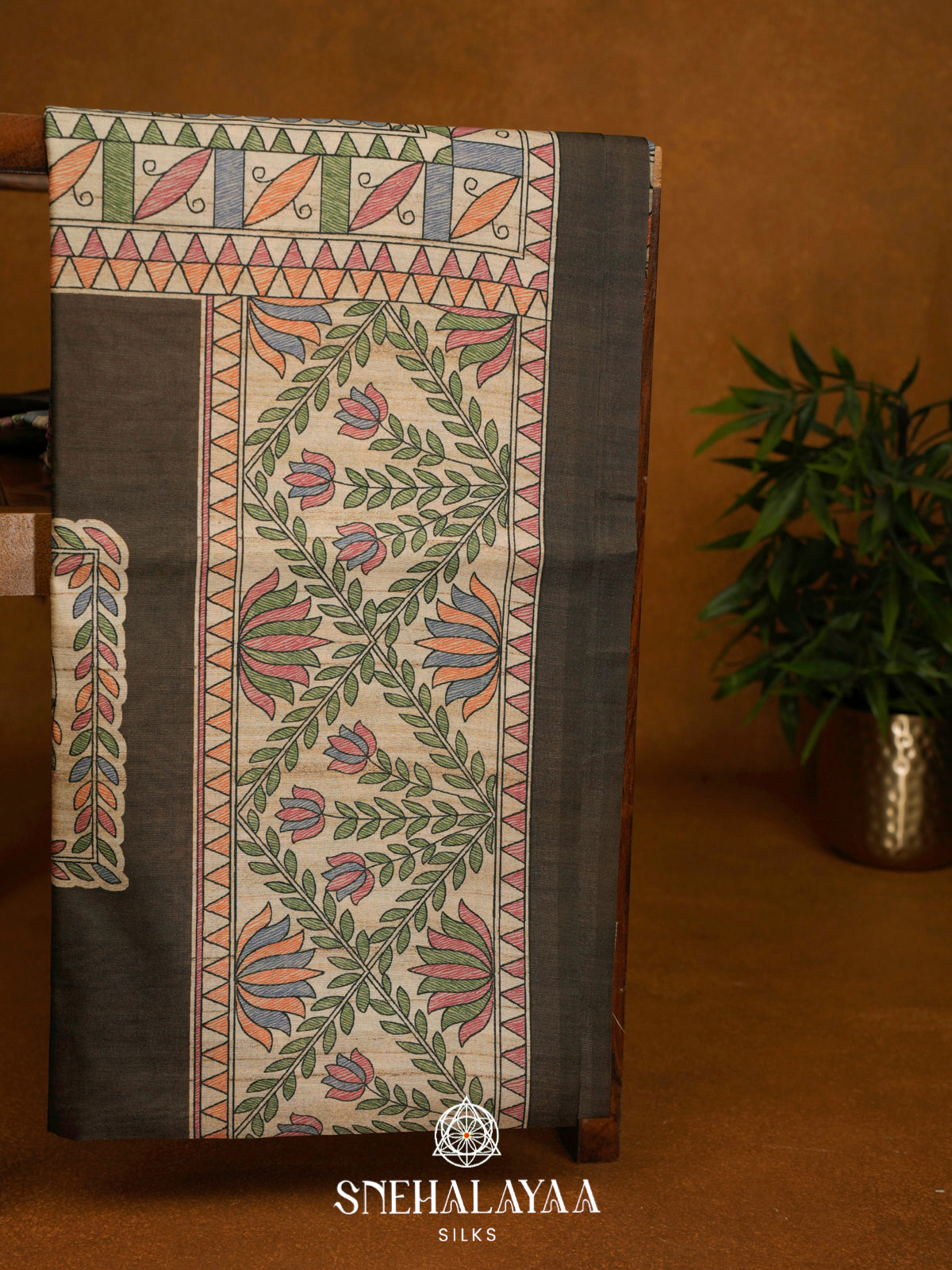 Black Madhubani Printed Tussar Saree