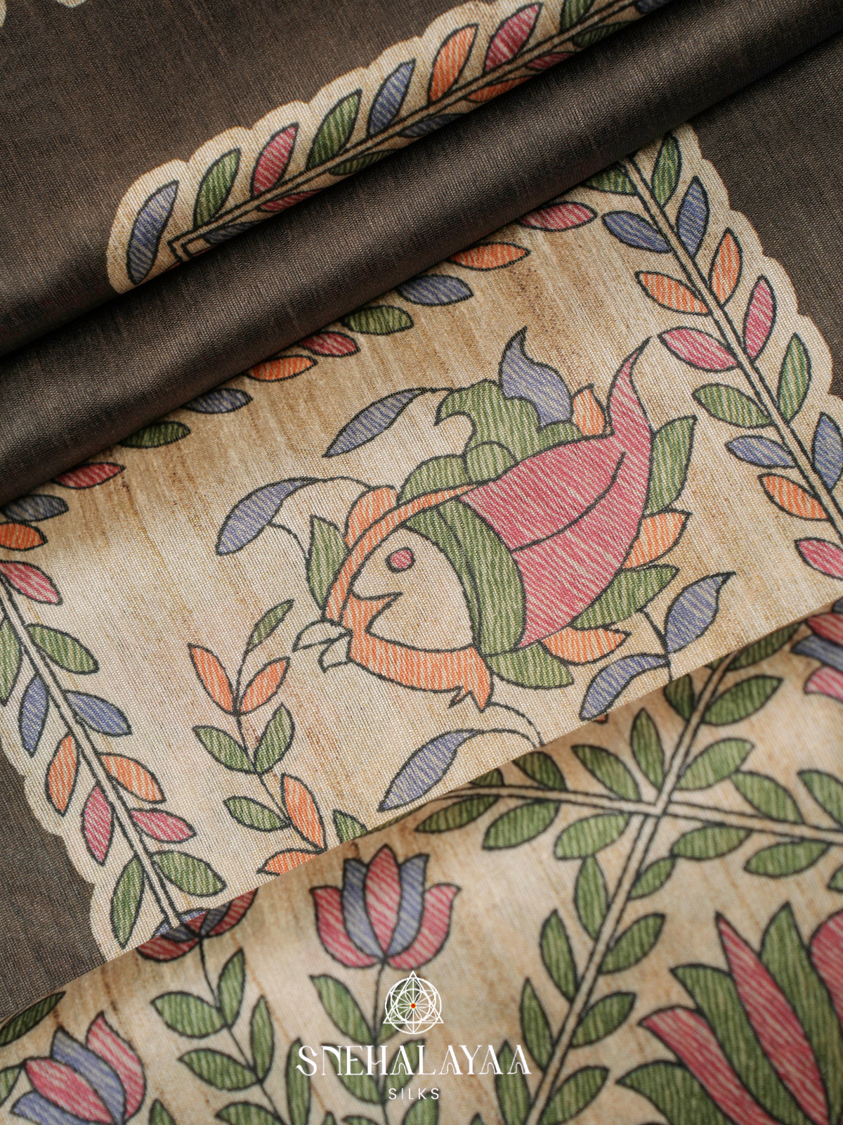 Black Madhubani Printed Tussar Saree
