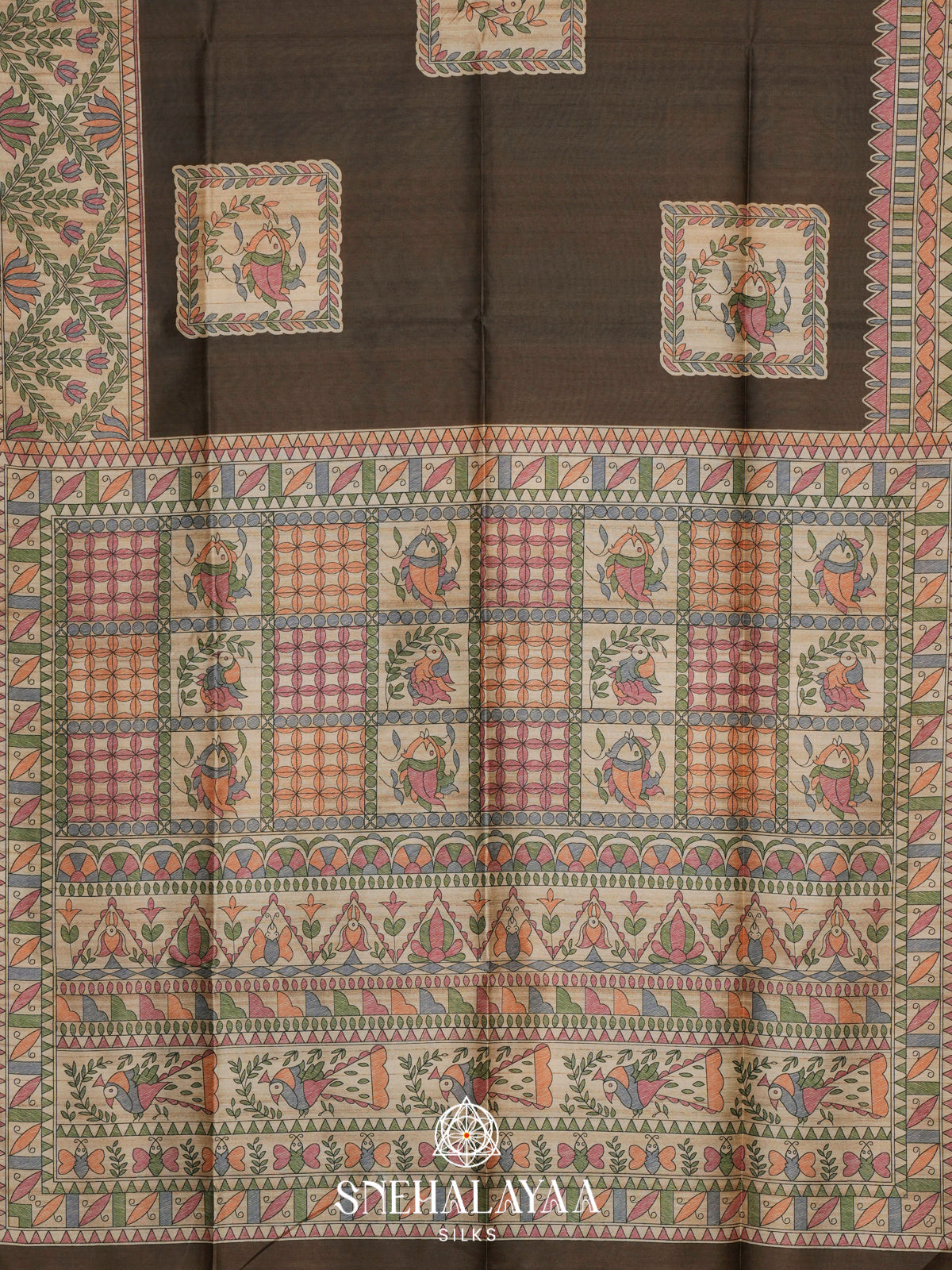 Black Madhubani Printed Tussar Saree