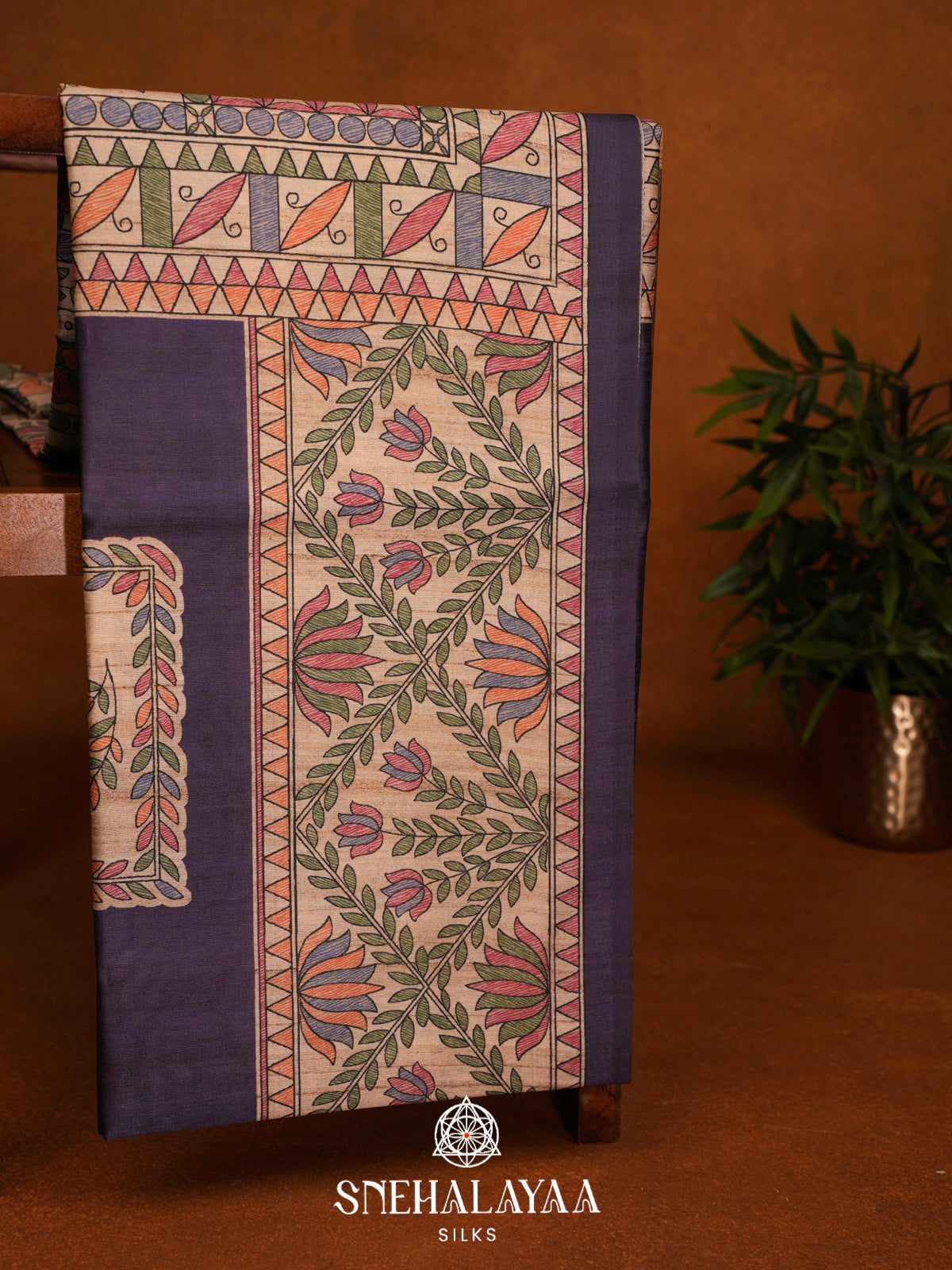 Blue Madhubani Printed Tussar Saree
