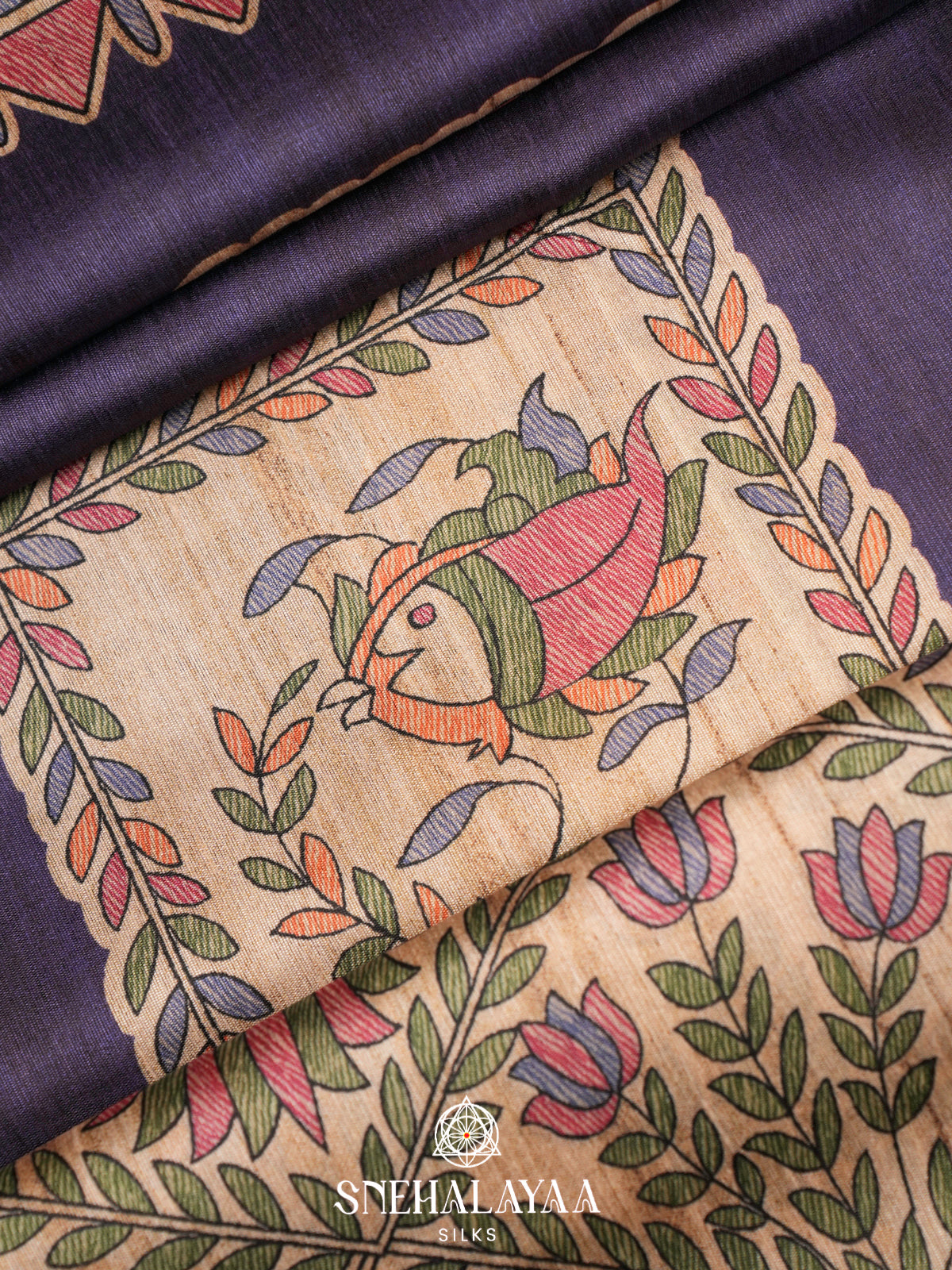 Blue Madhubani Printed Tussar Saree
