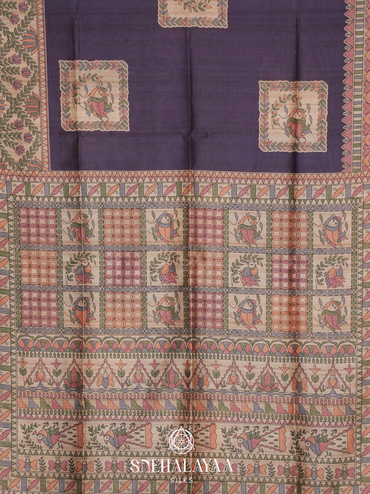 Blue Madhubani Printed Tussar Saree