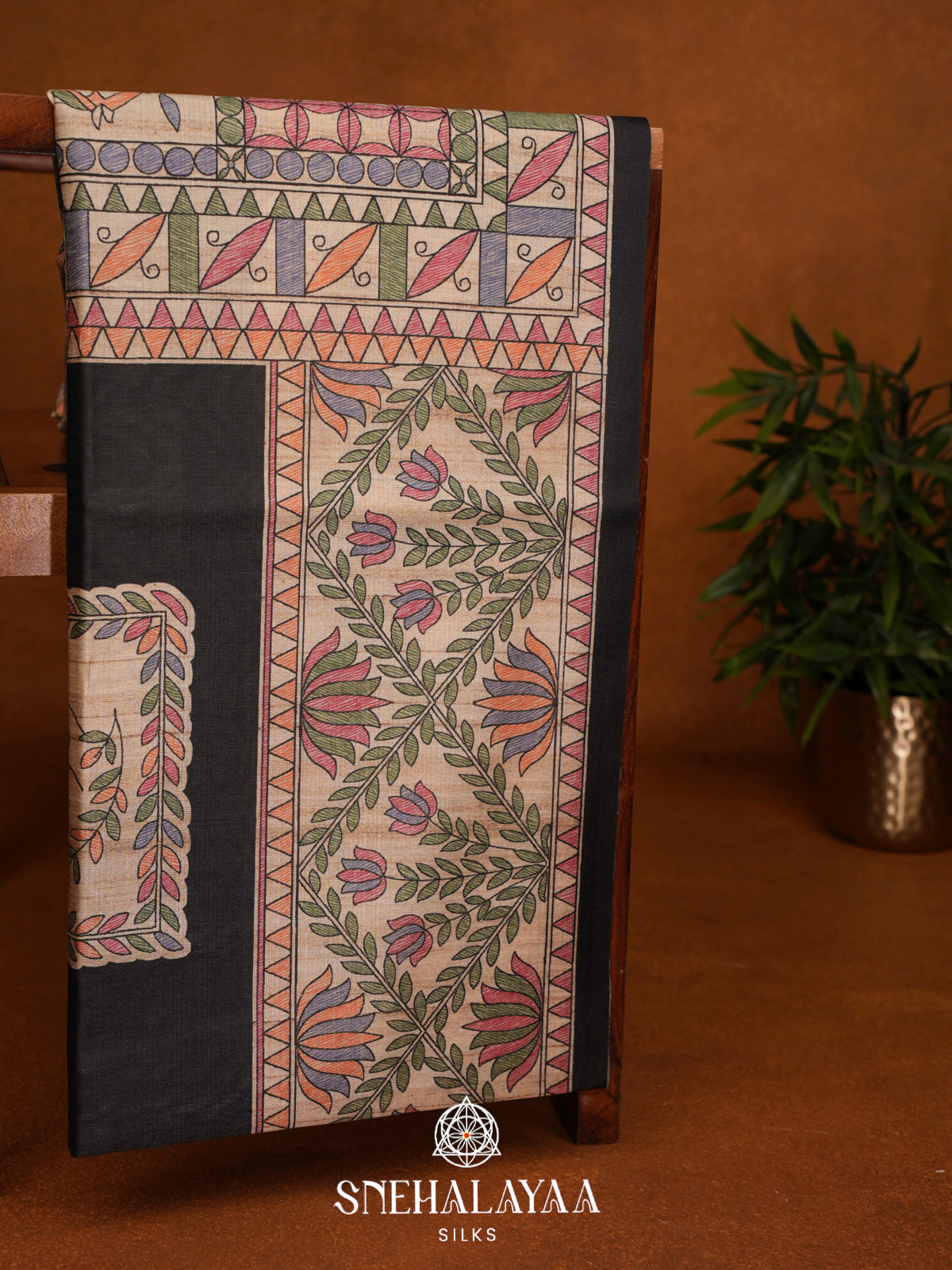 Black Madhubani Printed Tussar Saree