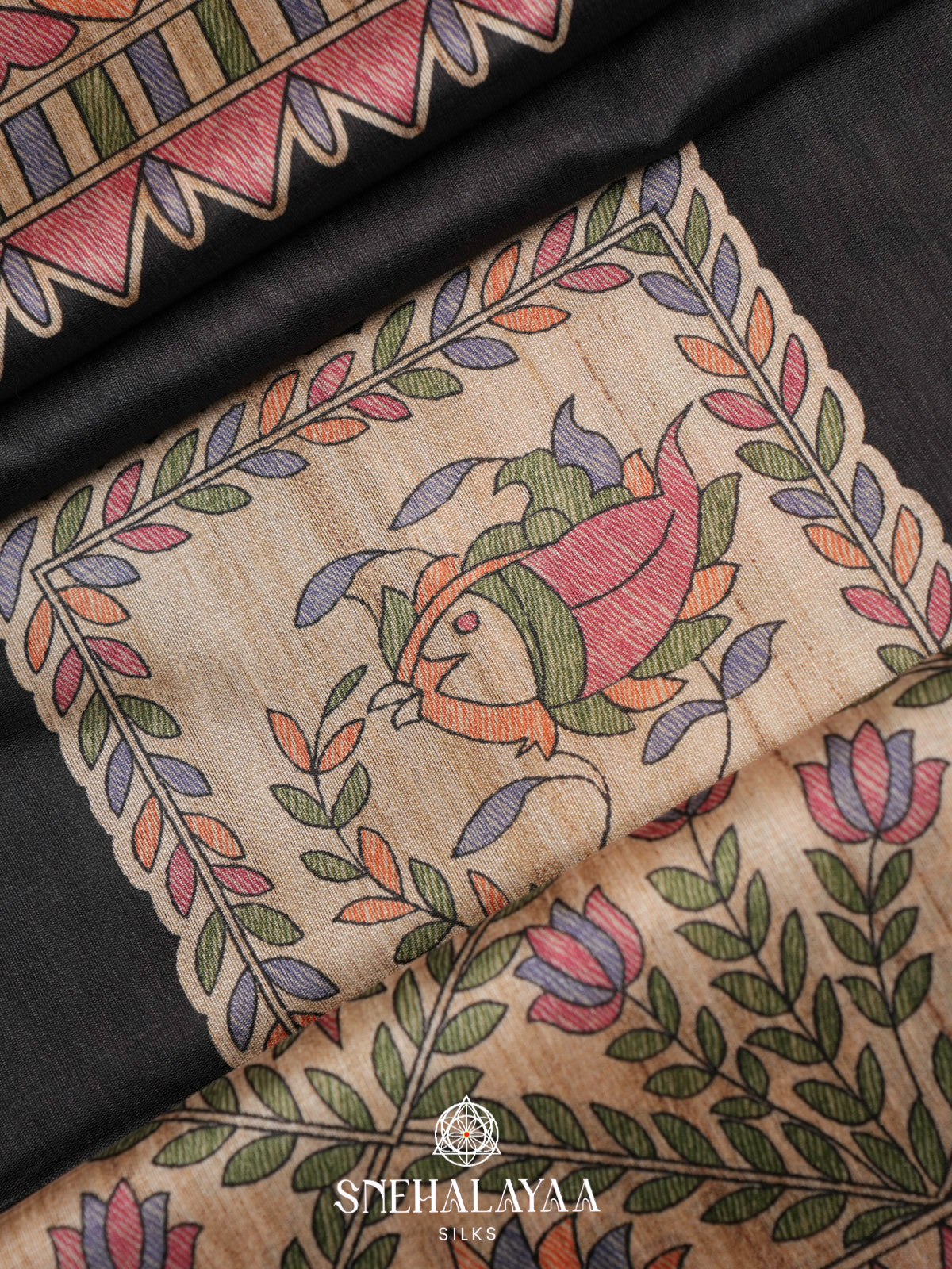 Black Madhubani Printed Tussar Saree