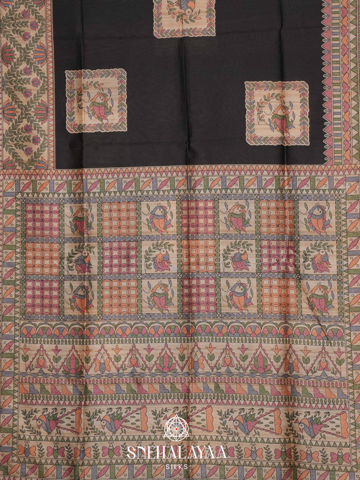 Black Madhubani Printed Tussar Saree
