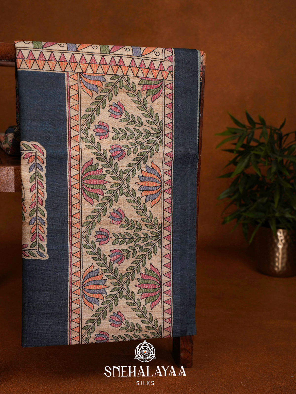 Steel Blue Madhubani Printed Tussar Saree