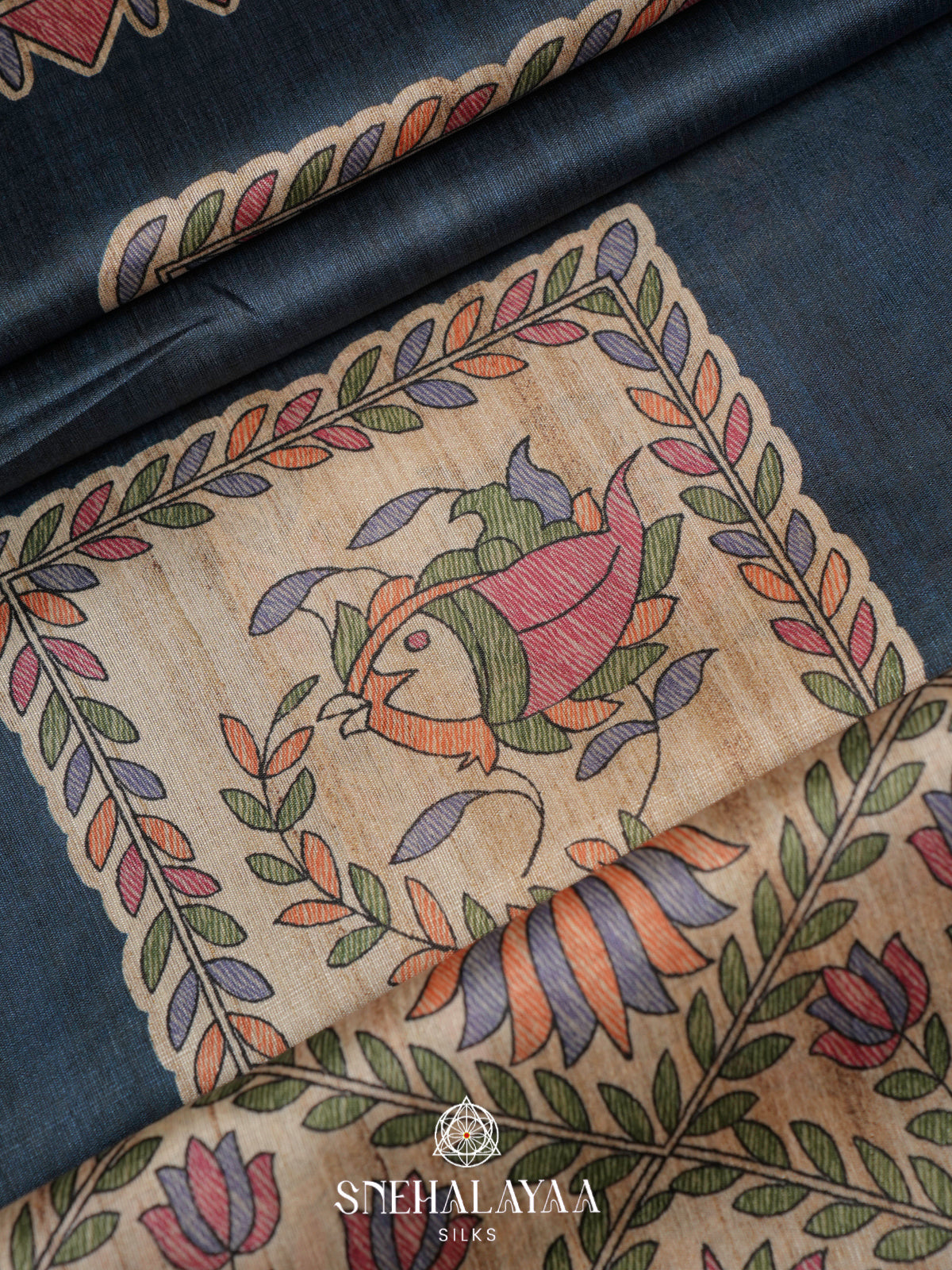 Steel Blue Madhubani Printed Tussar Saree