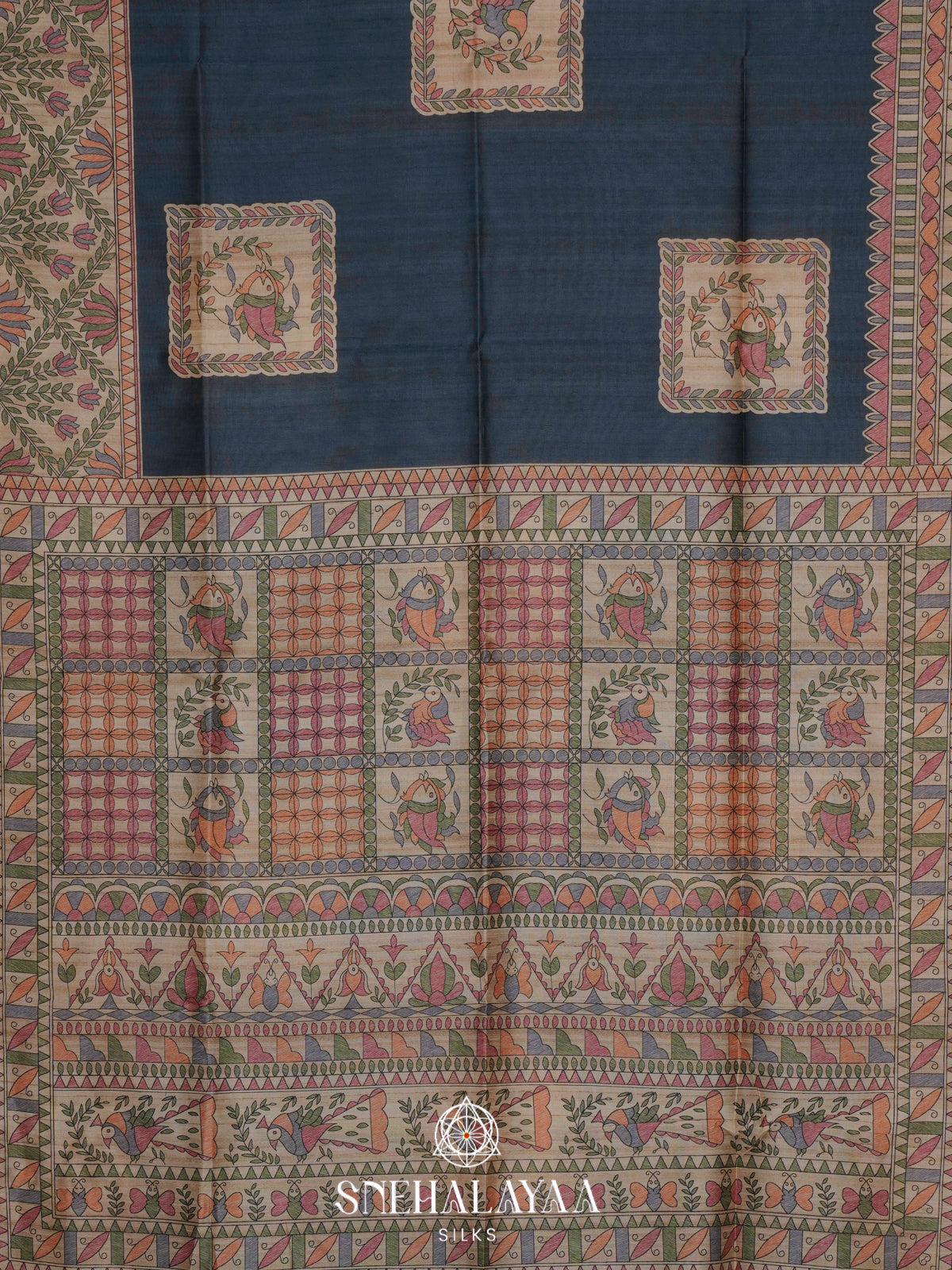 Steel Blue Madhubani Printed Tussar Saree
