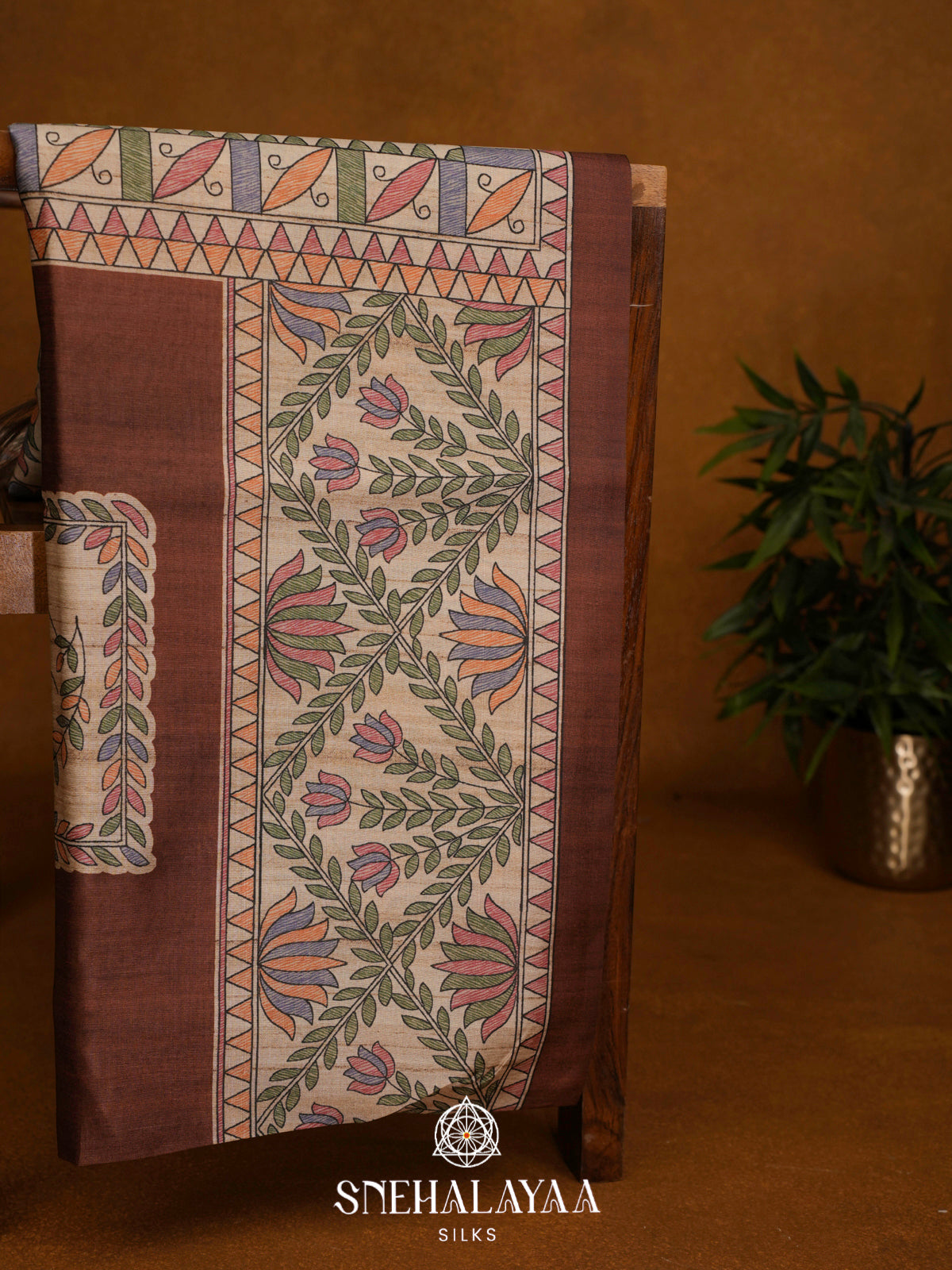 Brown Madhubani Printed Tussar Saree