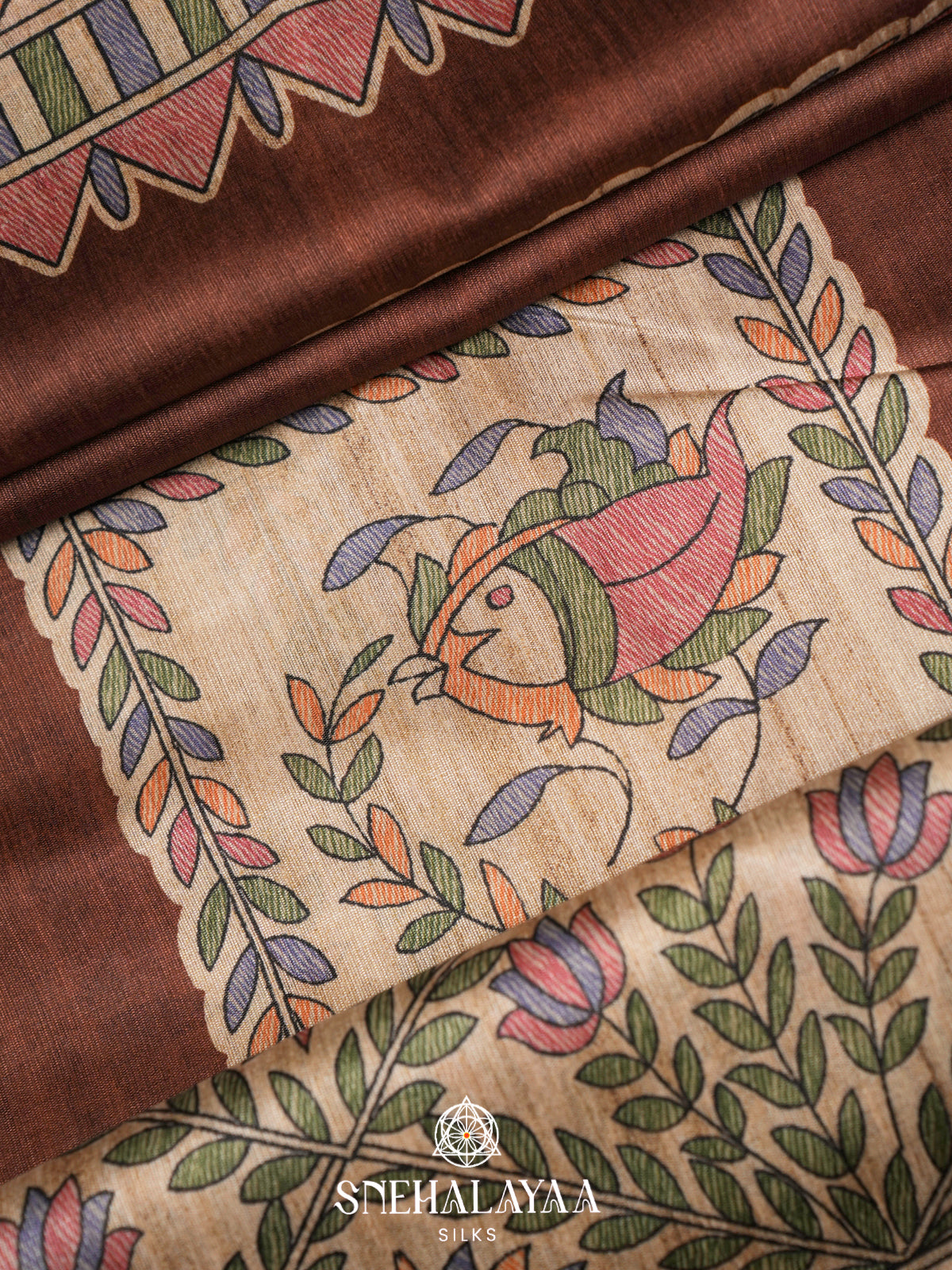 Brown Madhubani Printed Tussar Saree