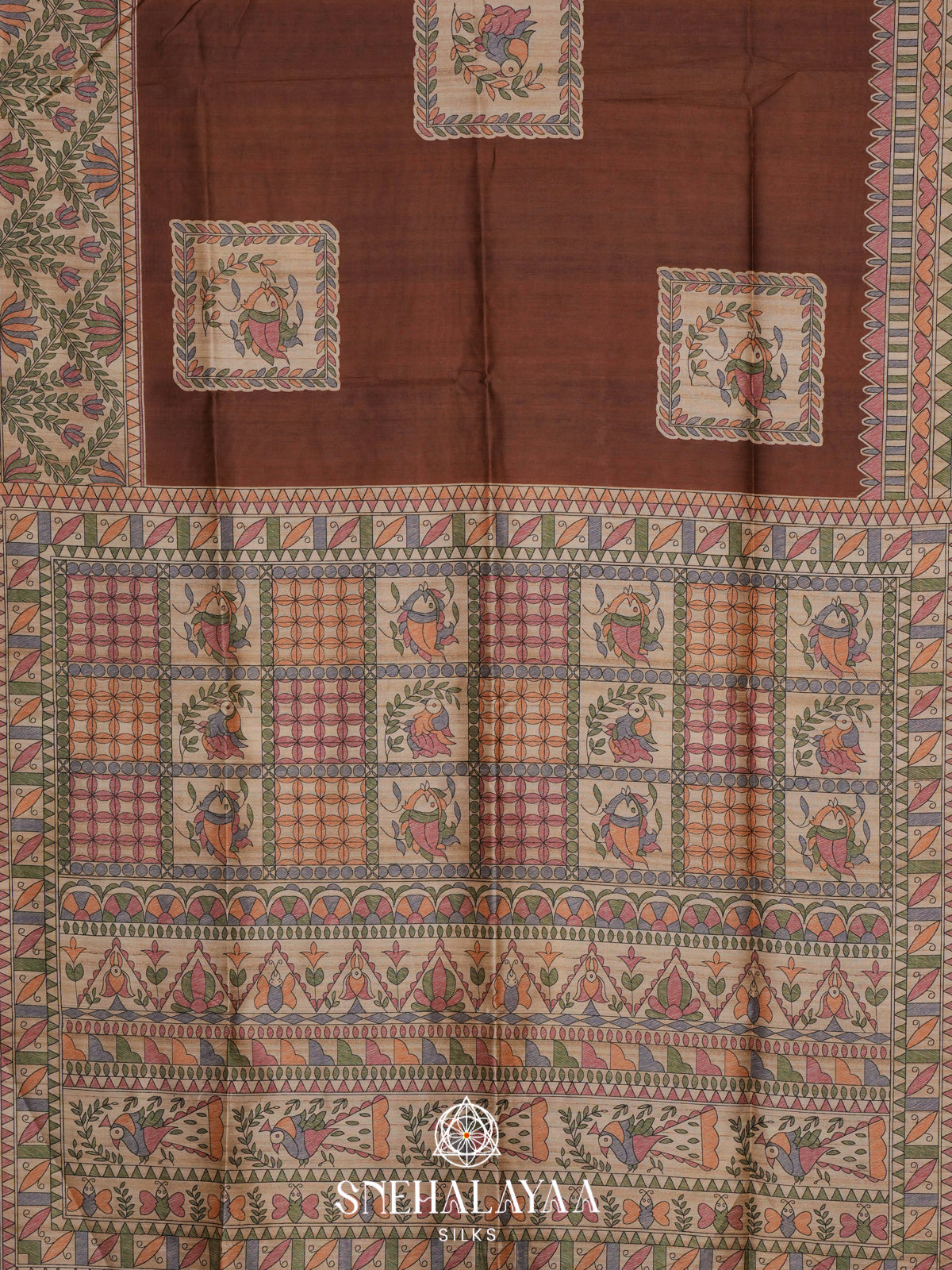 Brown Madhubani Printed Tussar Saree