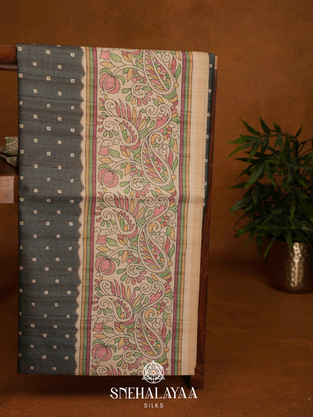 Grey Madhubani Printed Tussar Saree