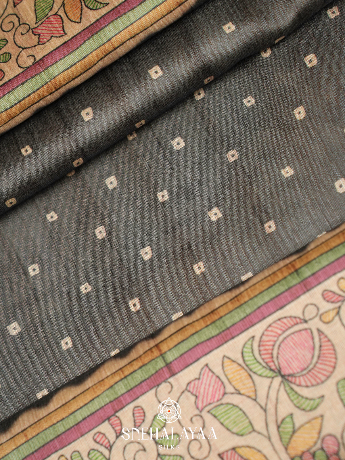 Grey Madhubani Printed Tussar Saree