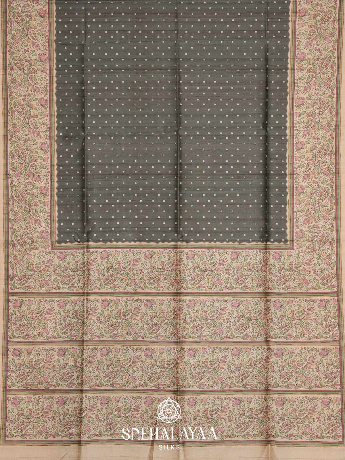 Grey Madhubani Printed Tussar Saree