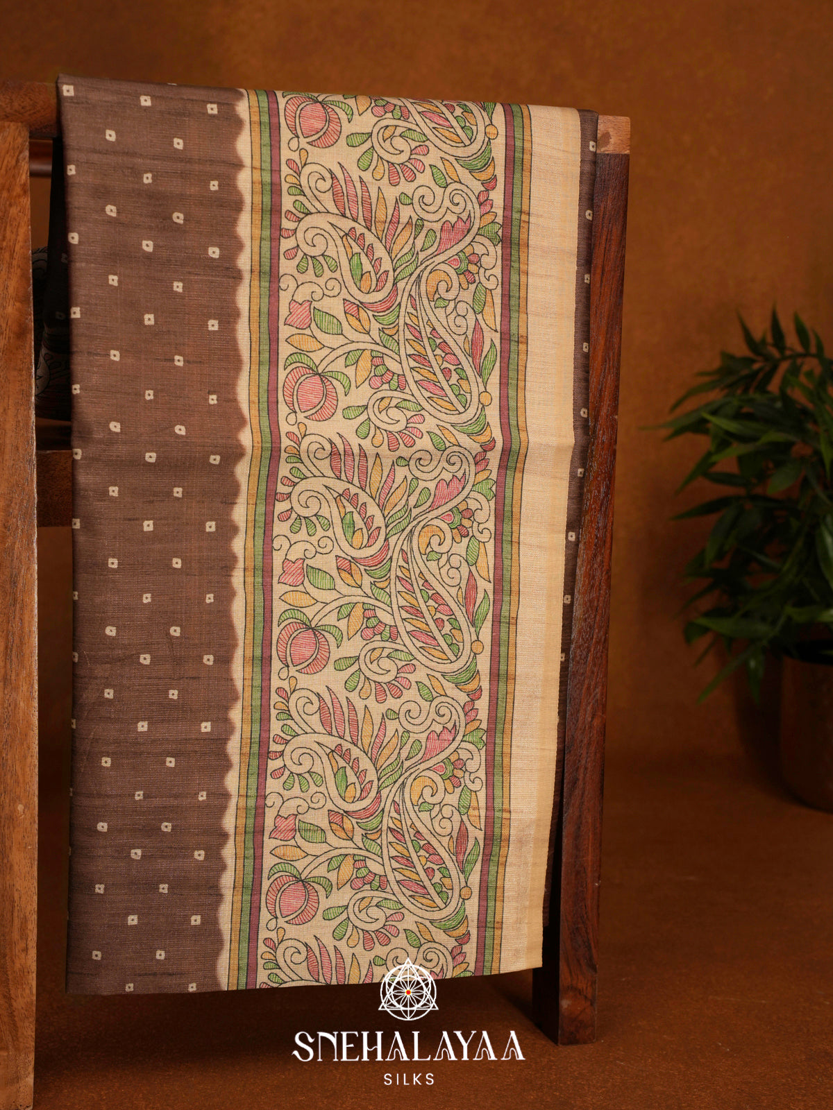 Brown  Madhubani Printed Saree