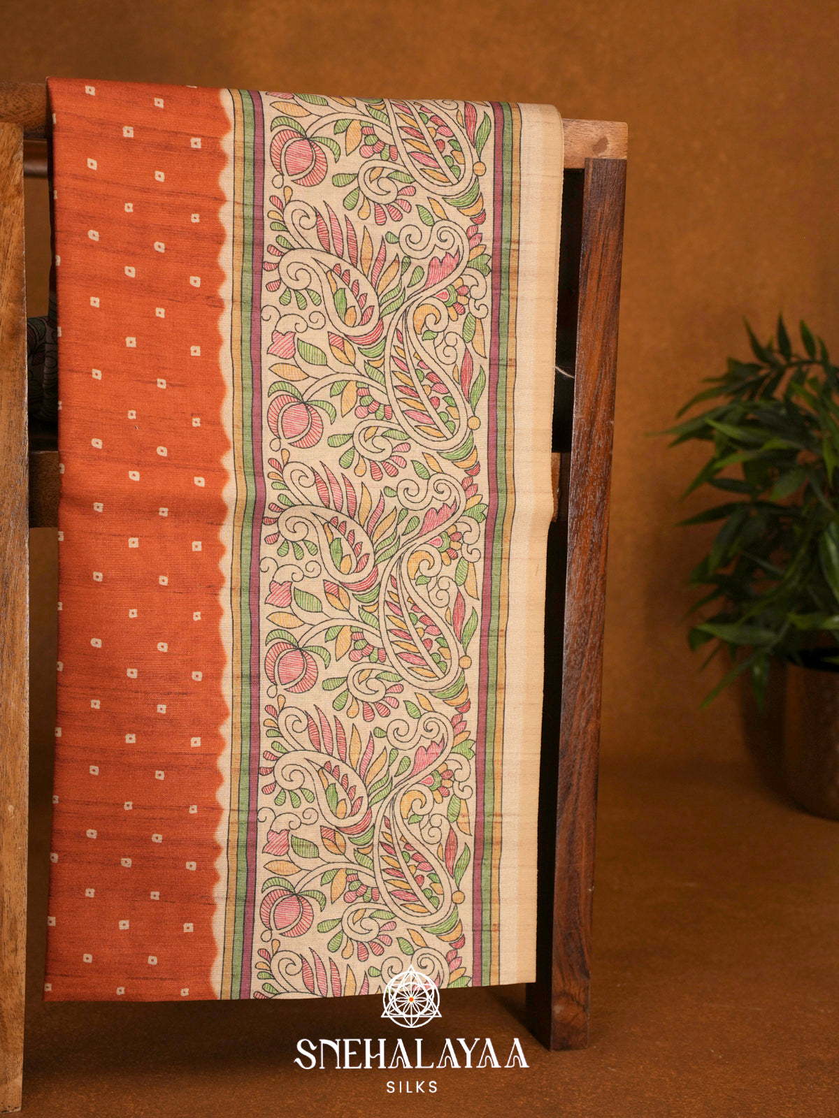Orange  Madhubani Printed Saree