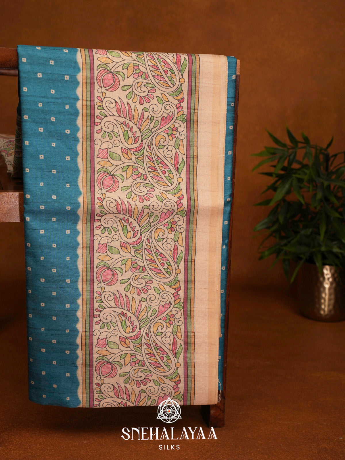 Blue Madhubani Printed Tussar Saree