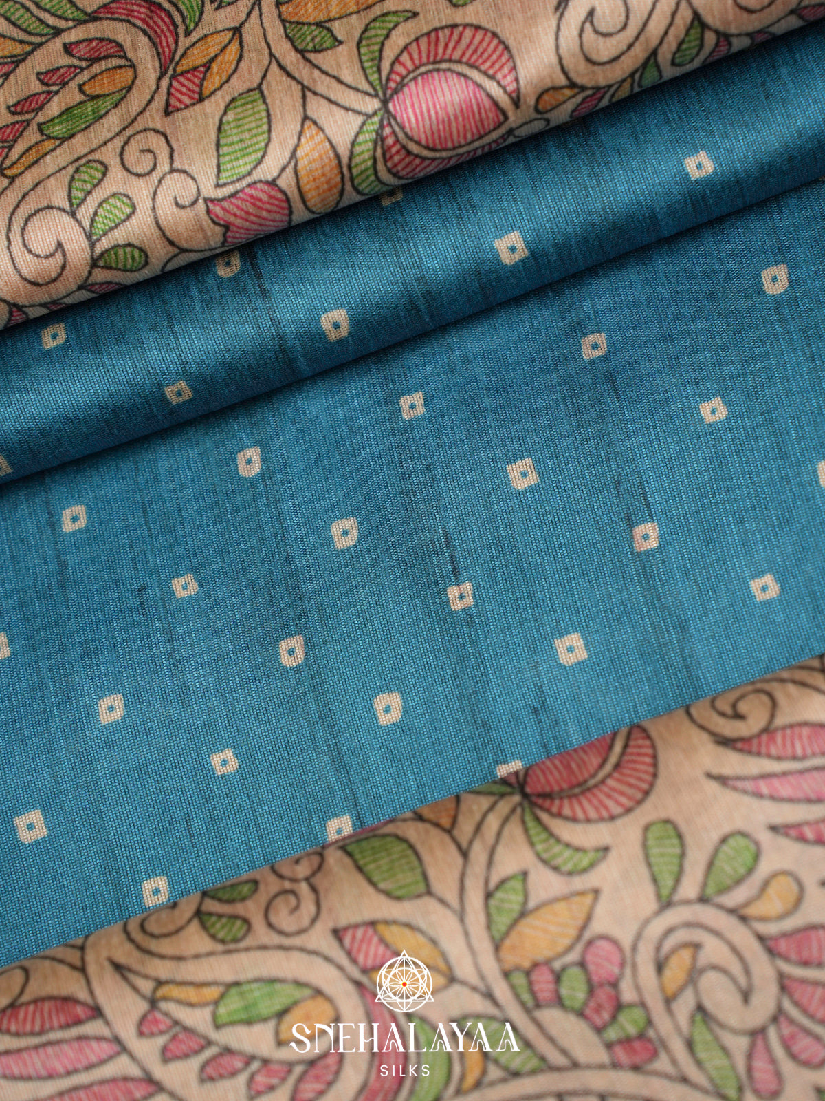 Blue Madhubani Printed Tussar Saree