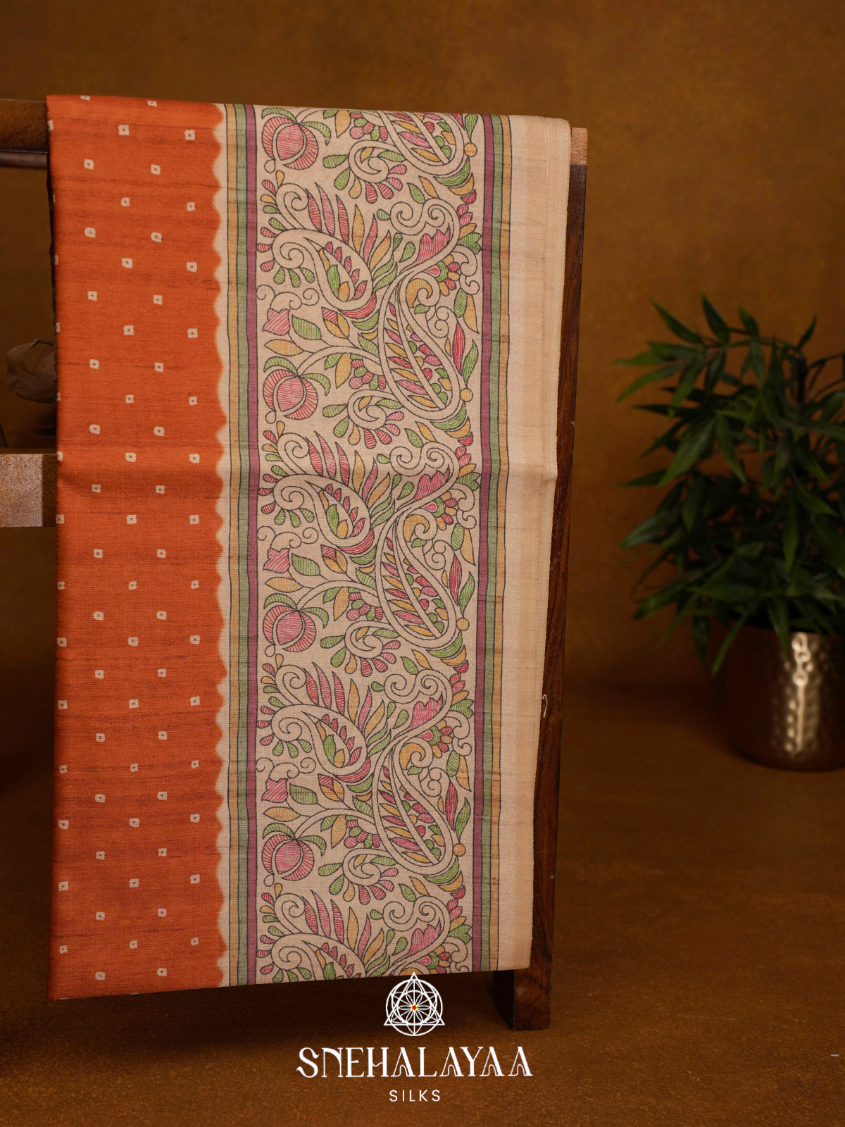 Orange Madhubani Printed Tussar Saree