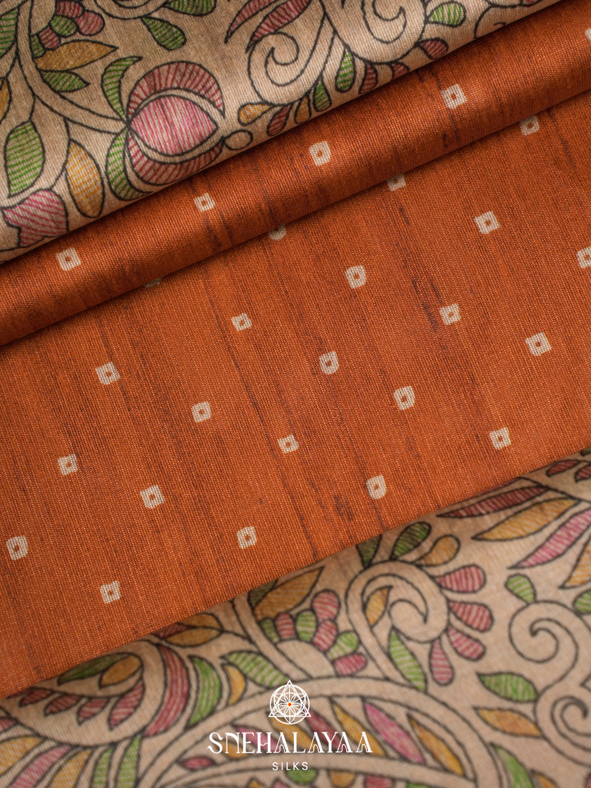 Orange Madhubani Printed Tussar Saree