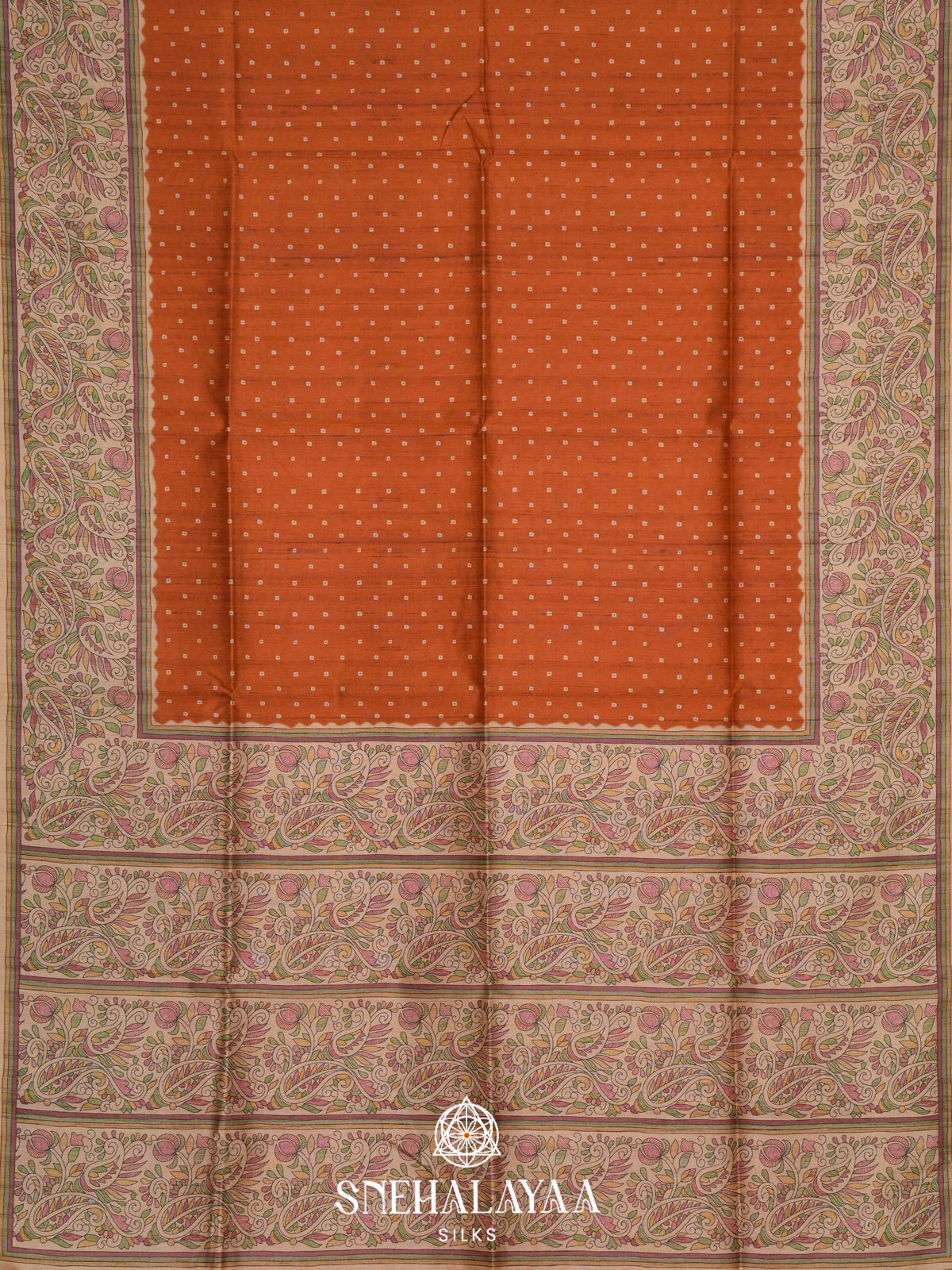 Orange Madhubani Printed Tussar Saree