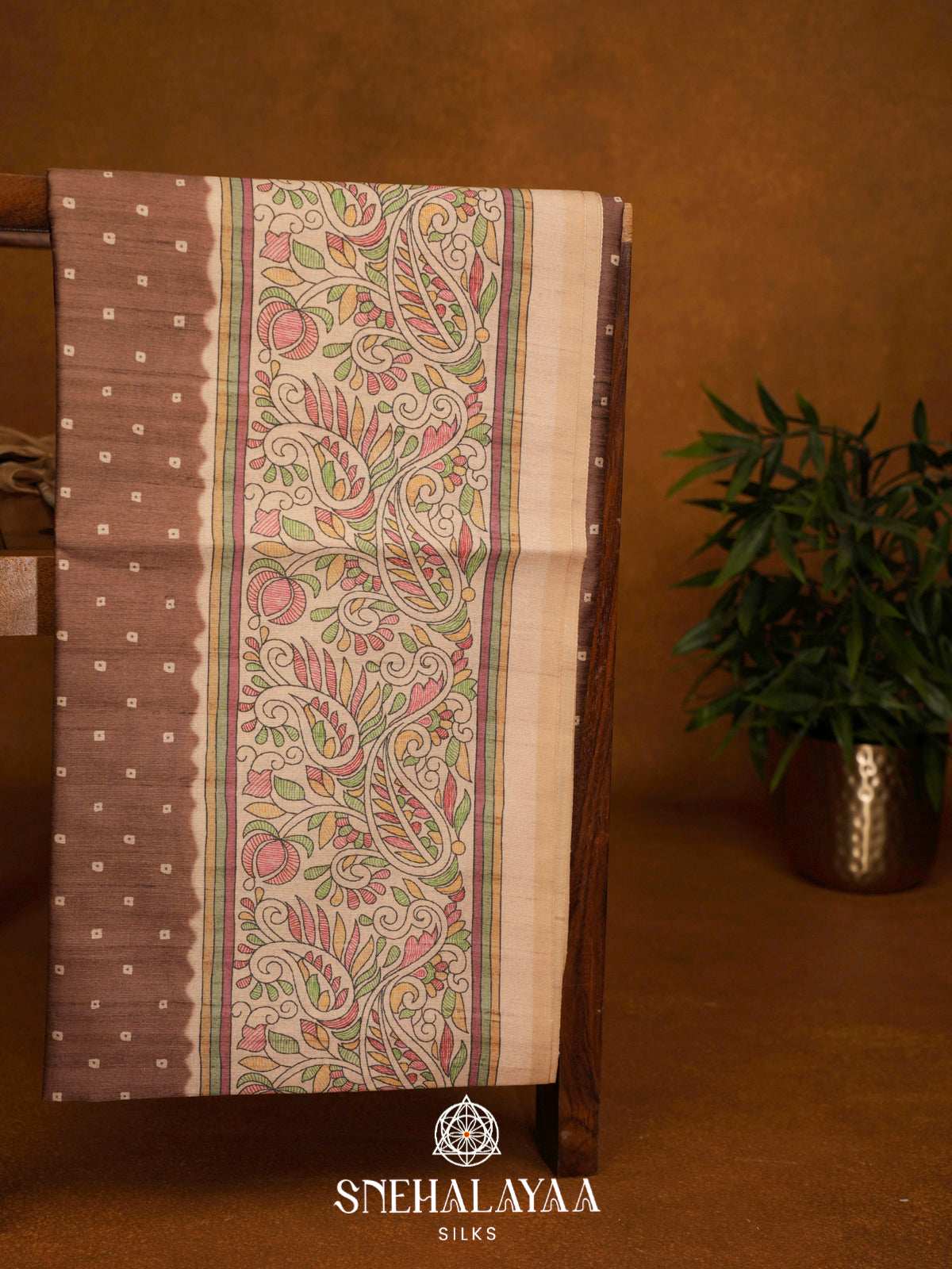 Taupe Brown Madhubani Printed Tussar Saree