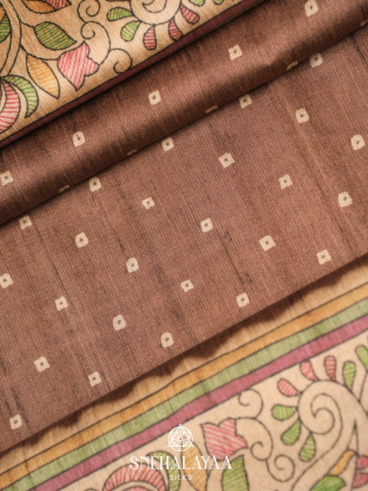 Taupe Brown Madhubani Printed Tussar Saree