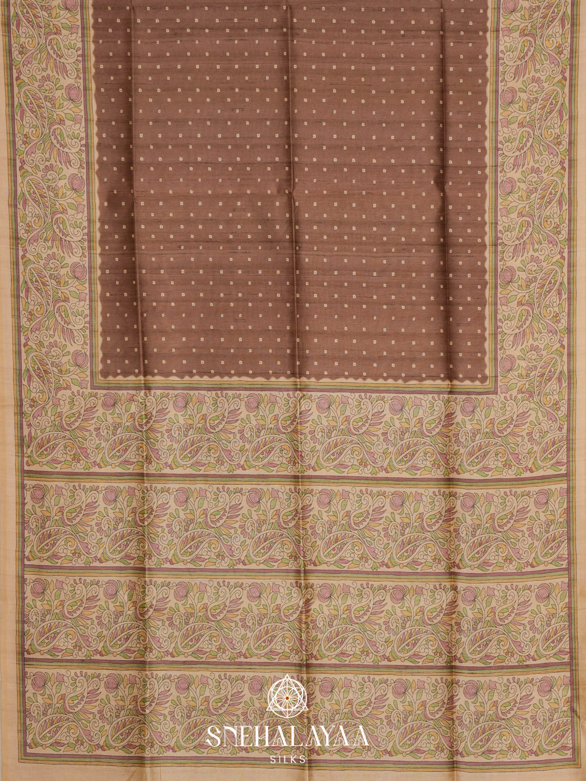 Taupe Brown Madhubani Printed Tussar Saree