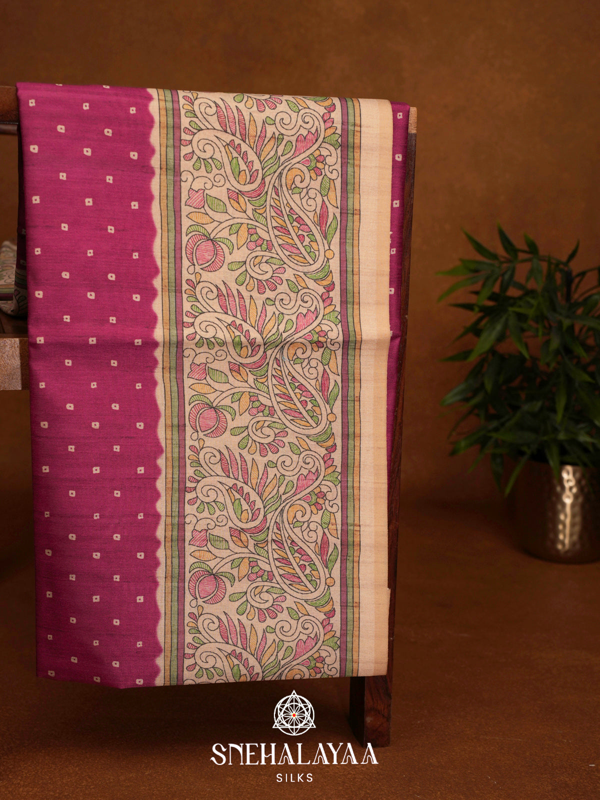 Magenta Madhubani Printed Tussar Saree