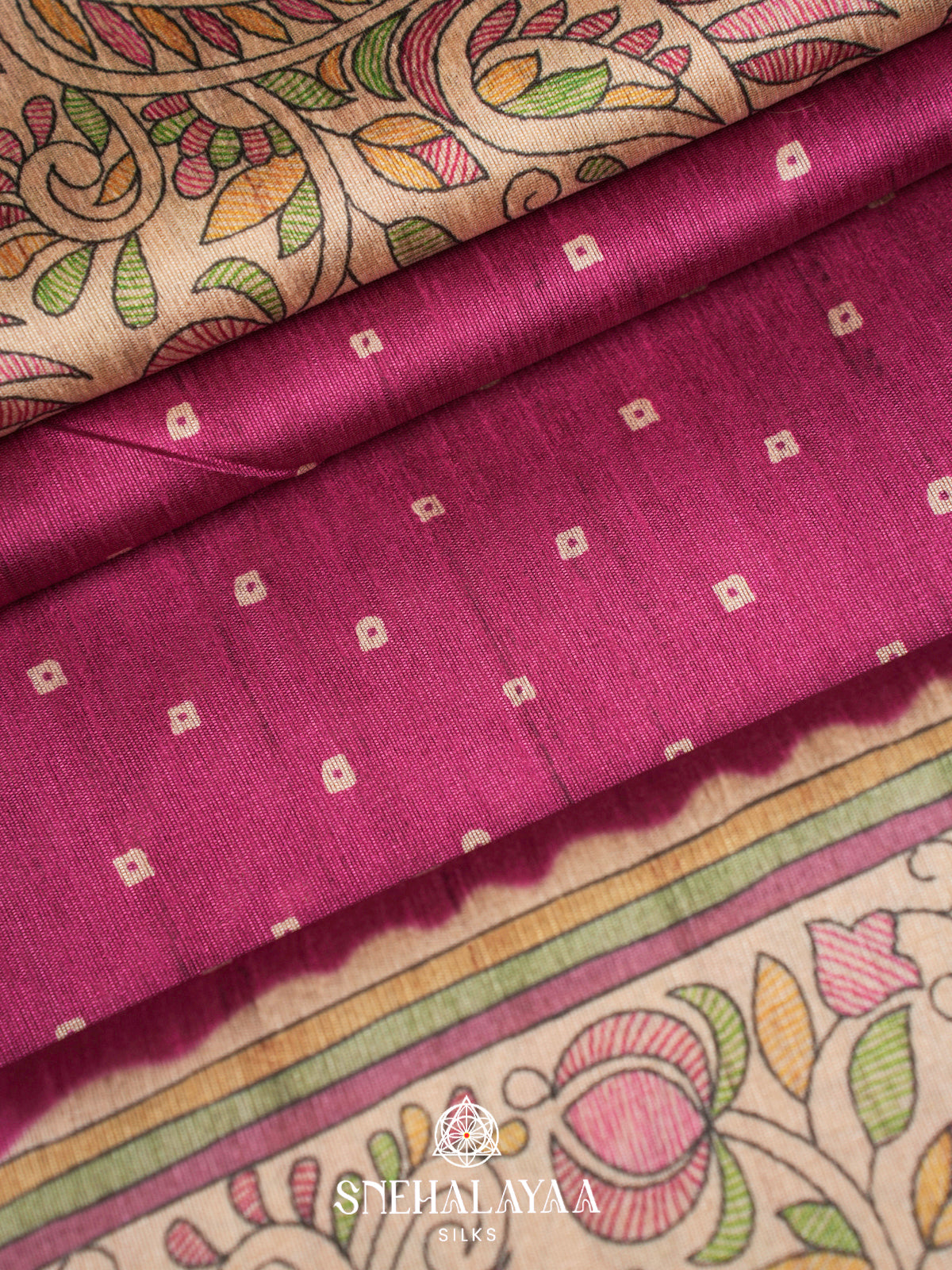 Magenta Madhubani Printed Tussar Saree