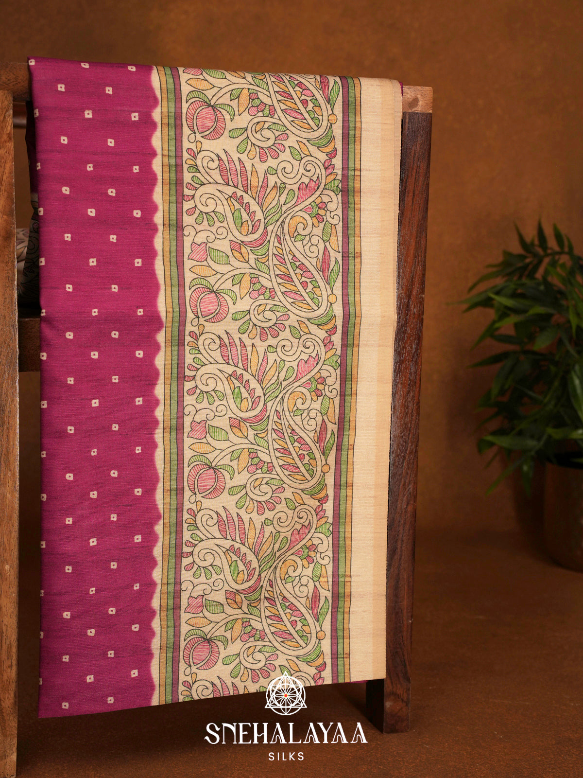 Magenta  Madhubani Printed Saree