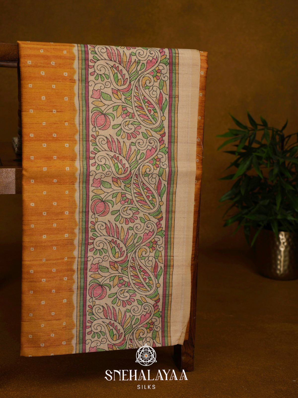 Yellow Madhubani Printed Tussar Saree