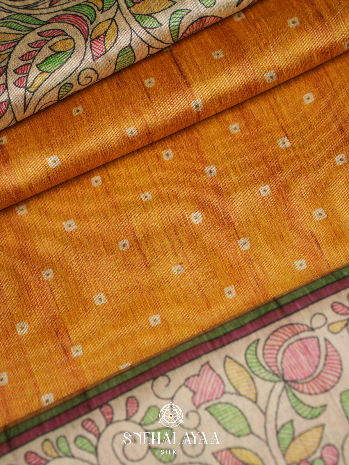 Yellow Madhubani Printed Tussar Saree
