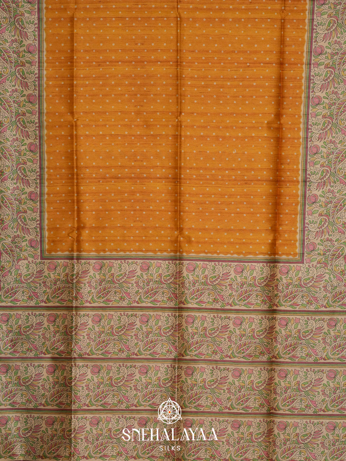 Yellow Madhubani Printed Tussar Saree