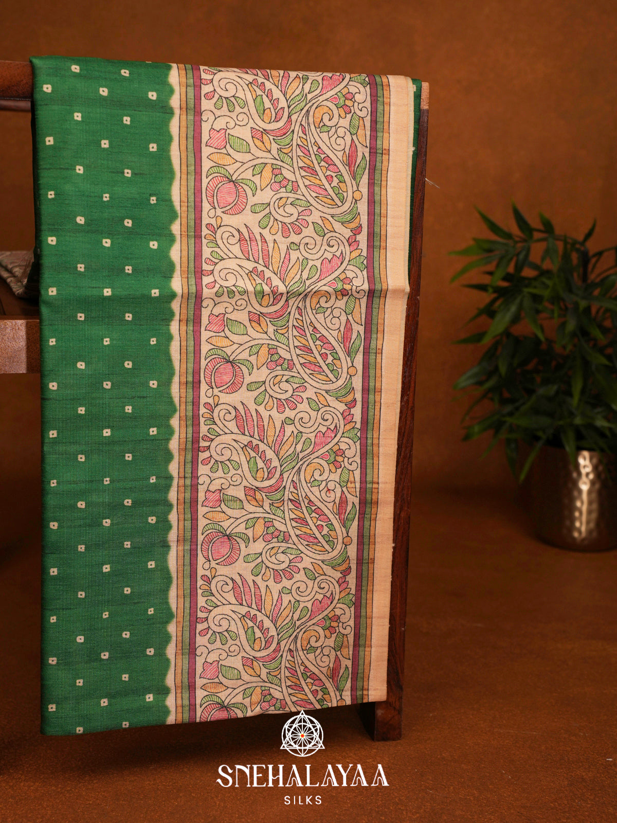 Green Madhubani Printed Tussar Saree