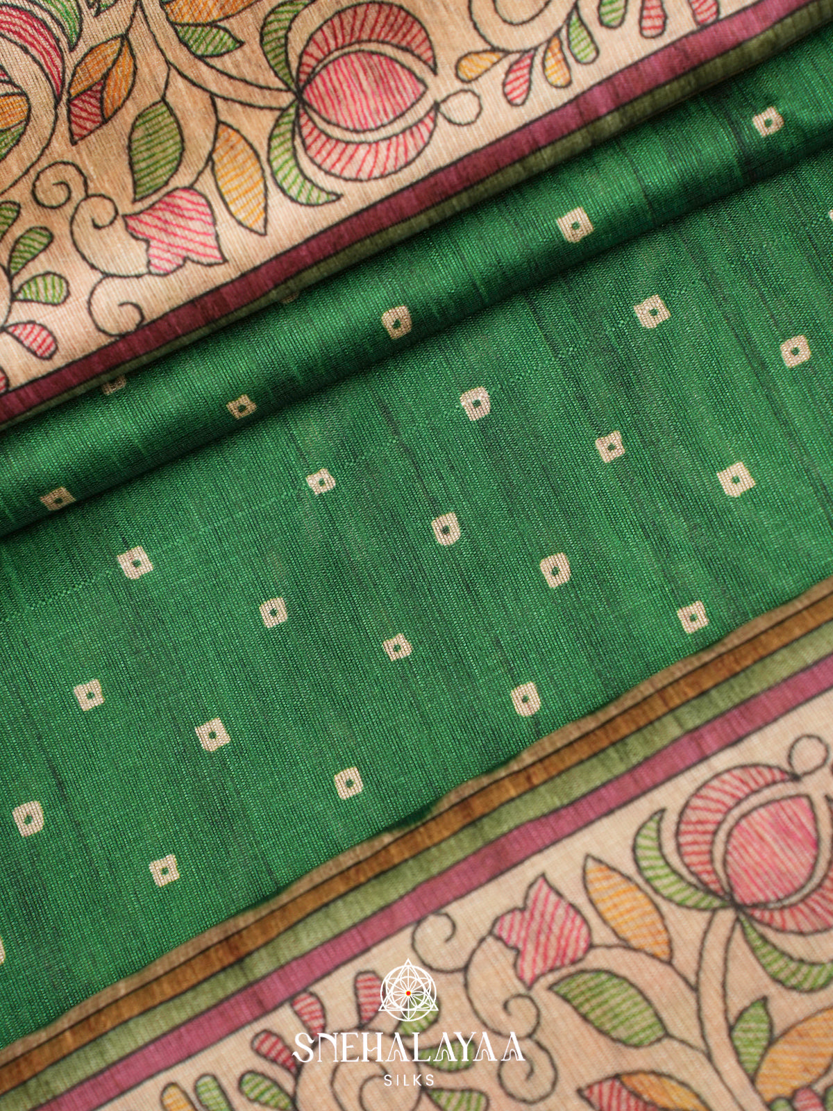 Green Madhubani Printed Tussar Saree