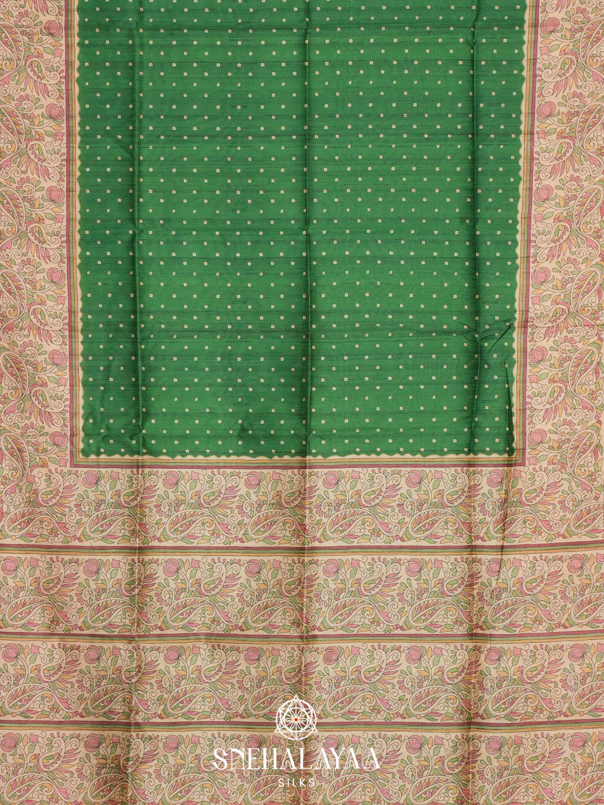 Green Madhubani Printed Tussar Saree