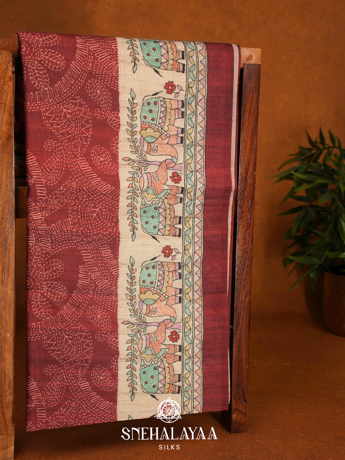 Maroon  Madhubani Printed Saree