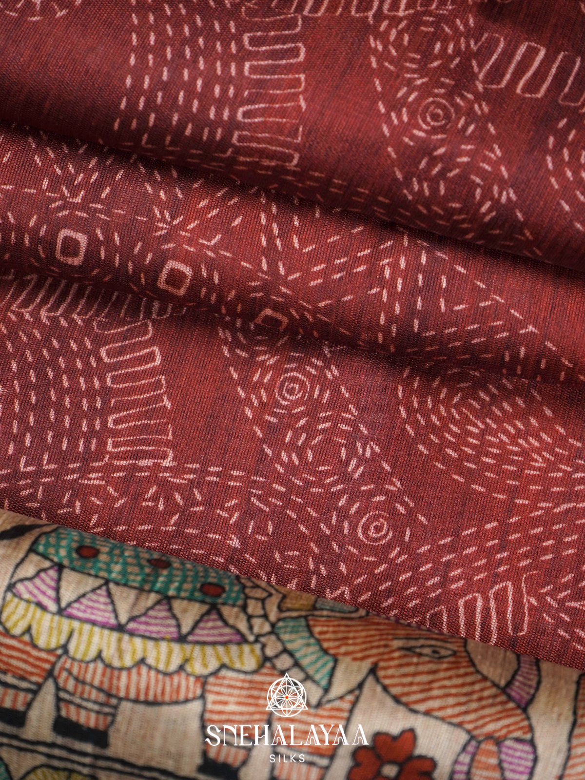 Maroon  Madhubani Printed Saree
