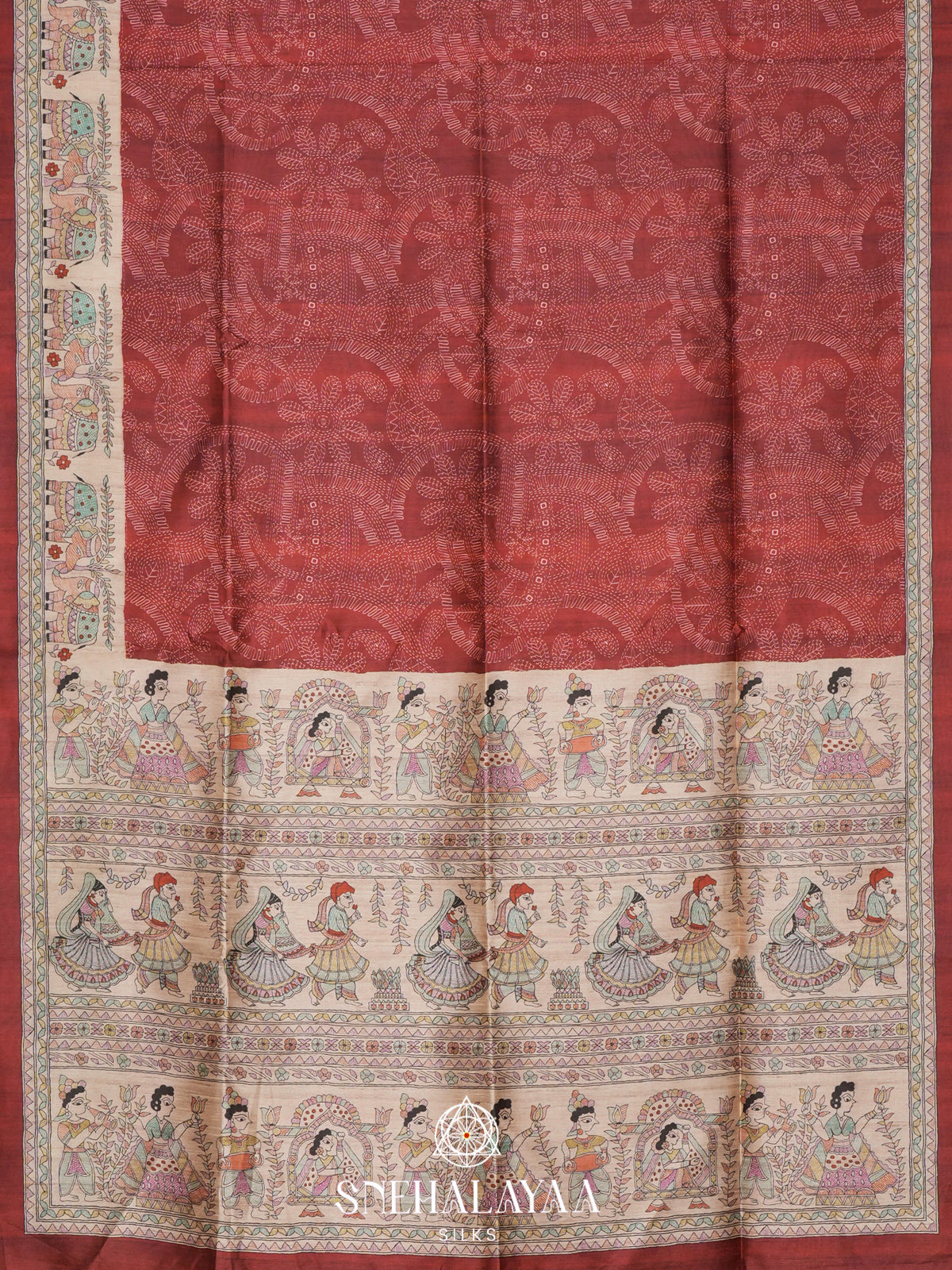 Maroon  Madhubani Printed Saree