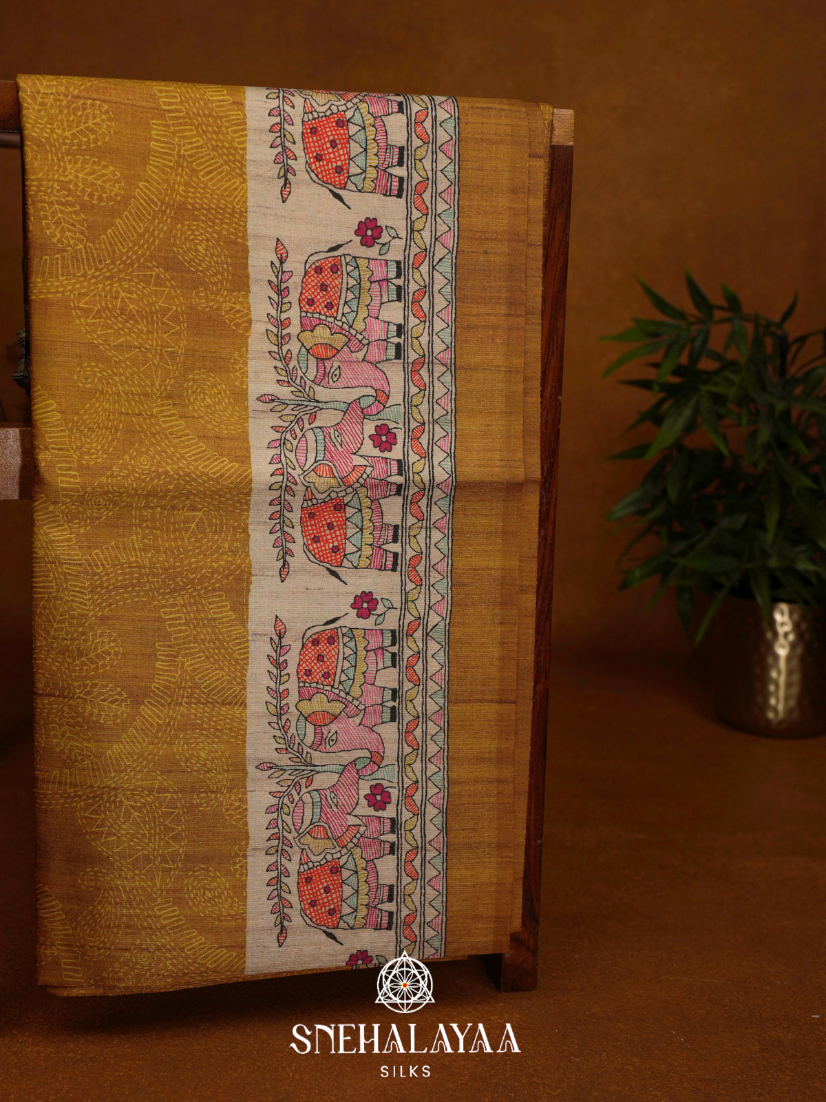 Mustard Gold Madhubani Printed Tussar Saree