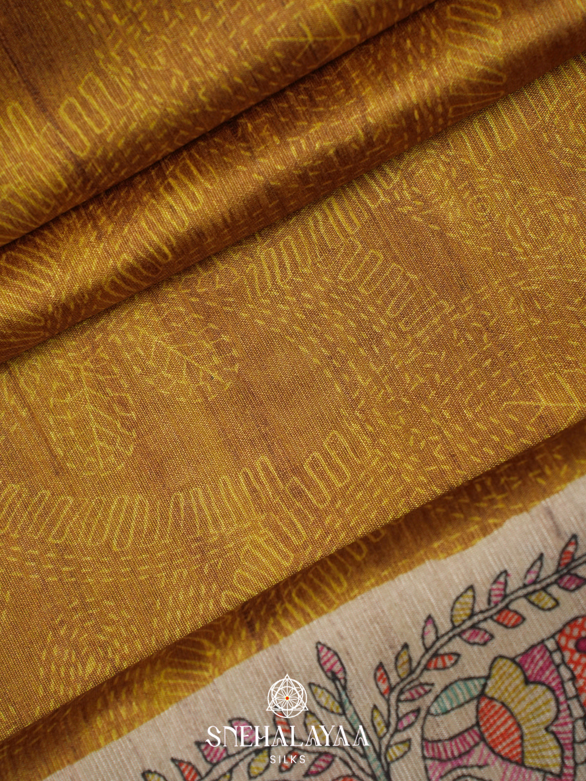Mustard Gold Madhubani Printed Tussar Saree