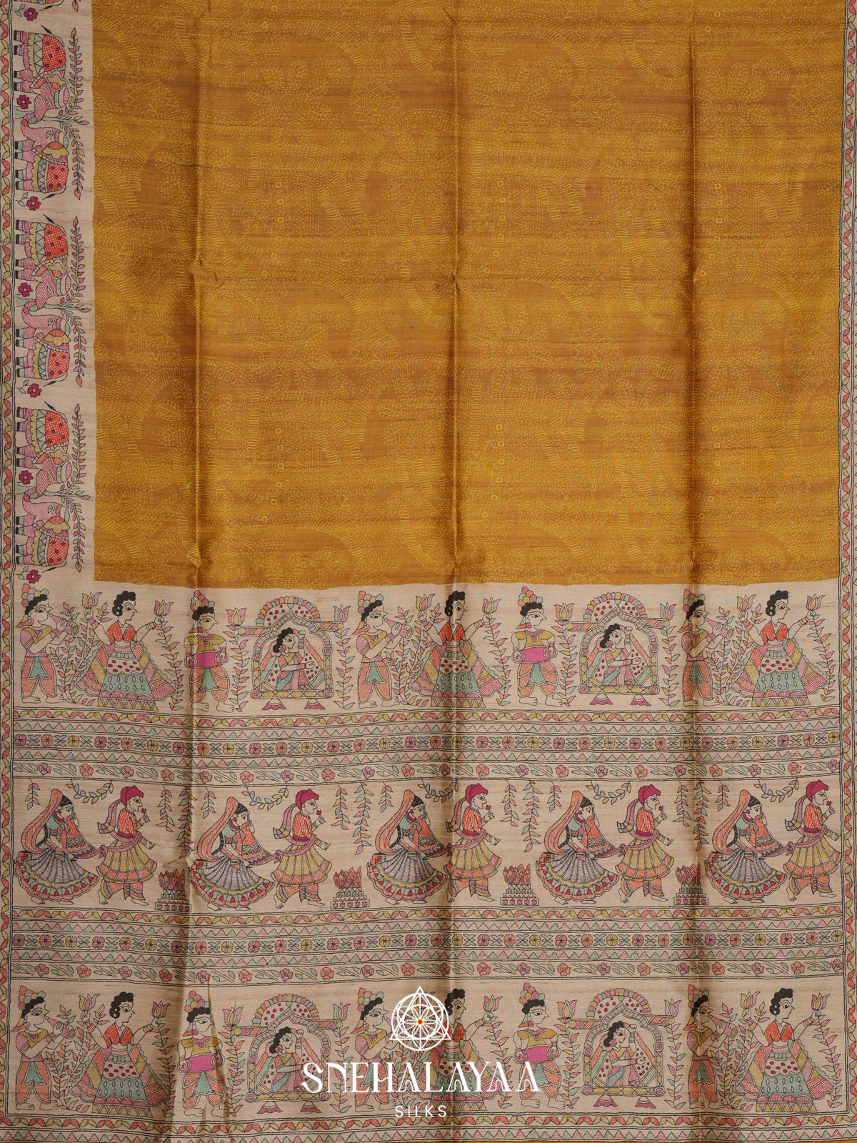 Mustard Gold Madhubani Printed Tussar Saree
