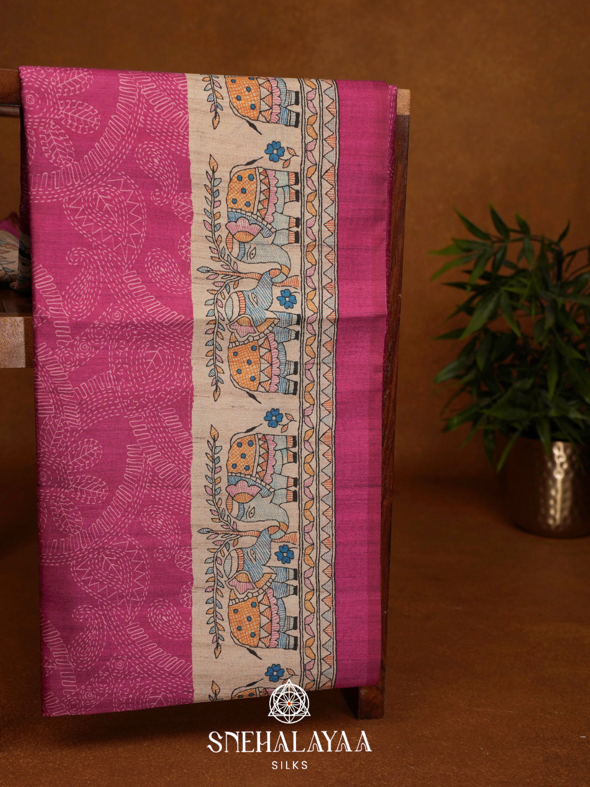 Pink Madhubani Printed Tussar Saree
