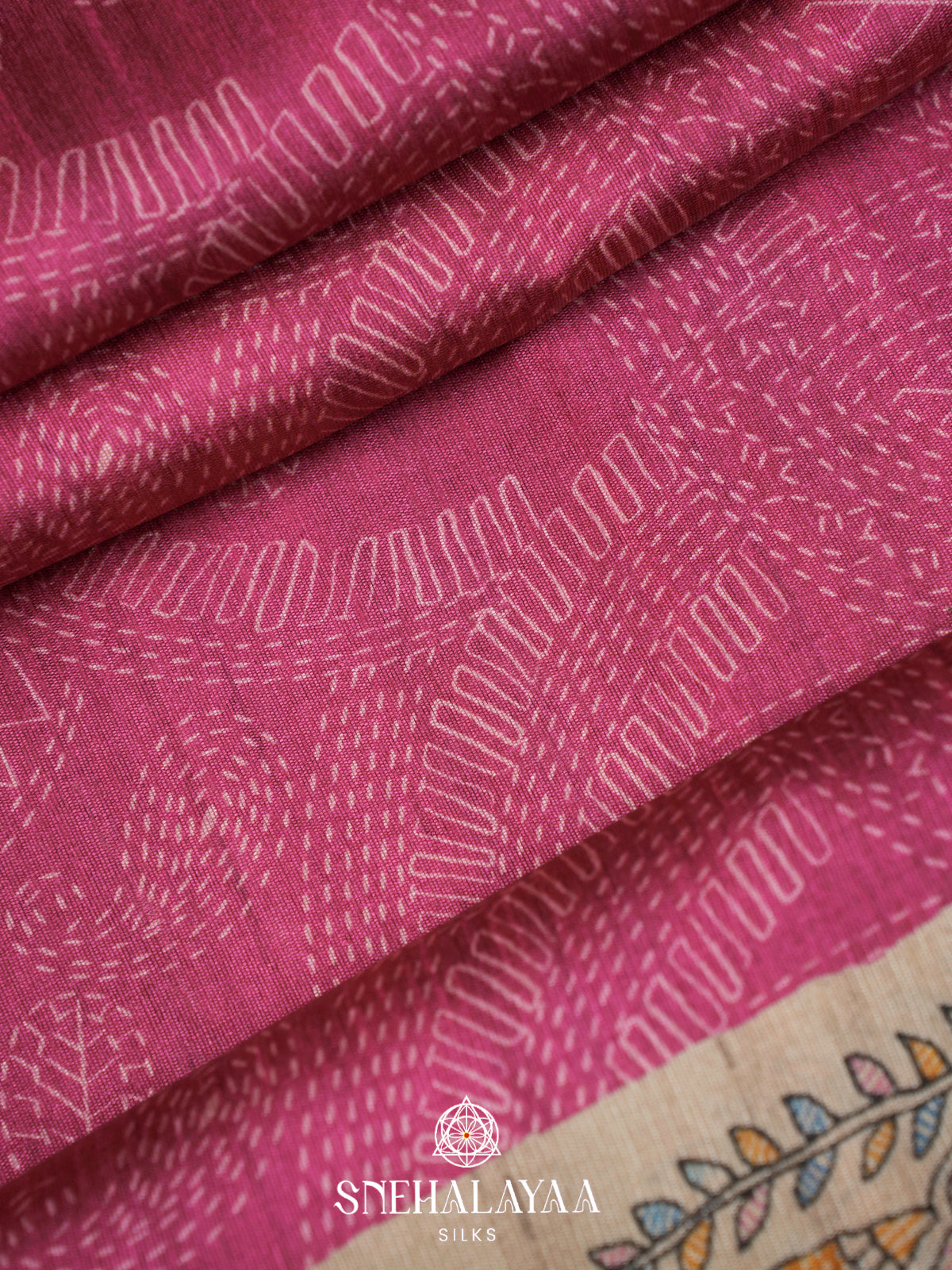 Pink Madhubani Printed Tussar Saree
