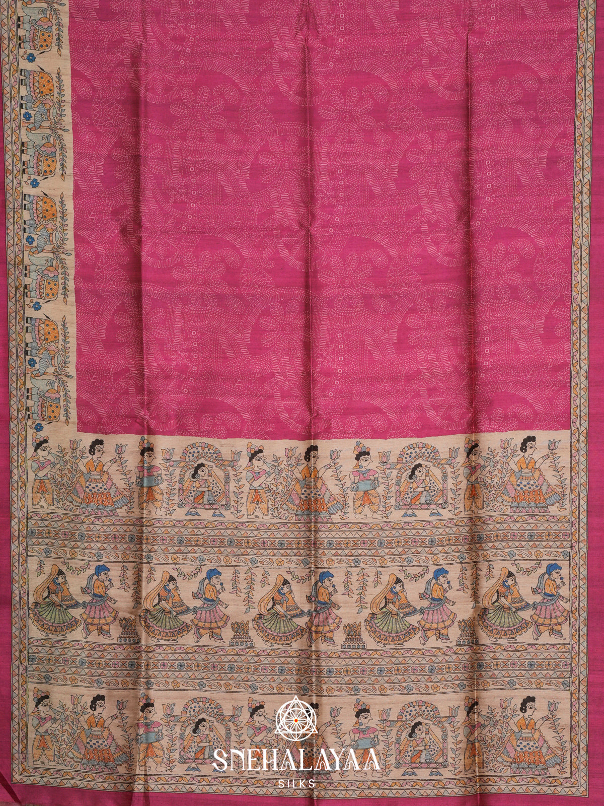 Pink Madhubani Printed Tussar Saree