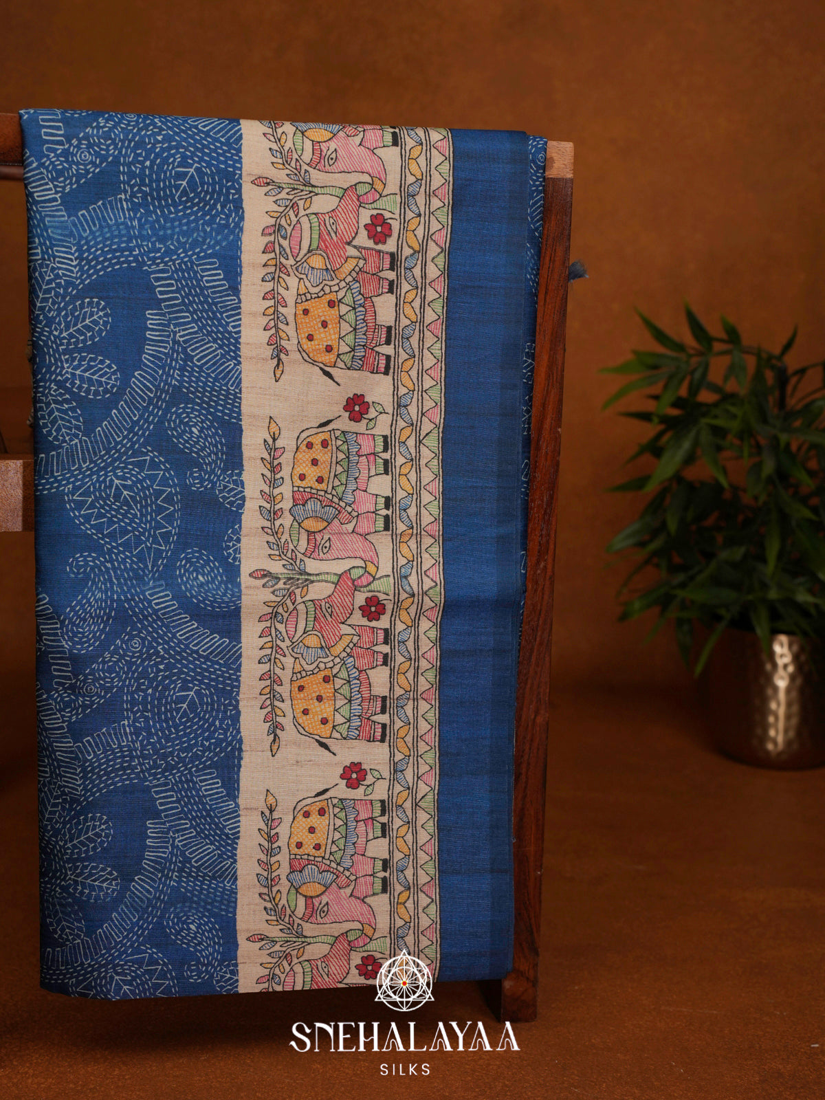 Blue Madhubani Printed Tussar Saree