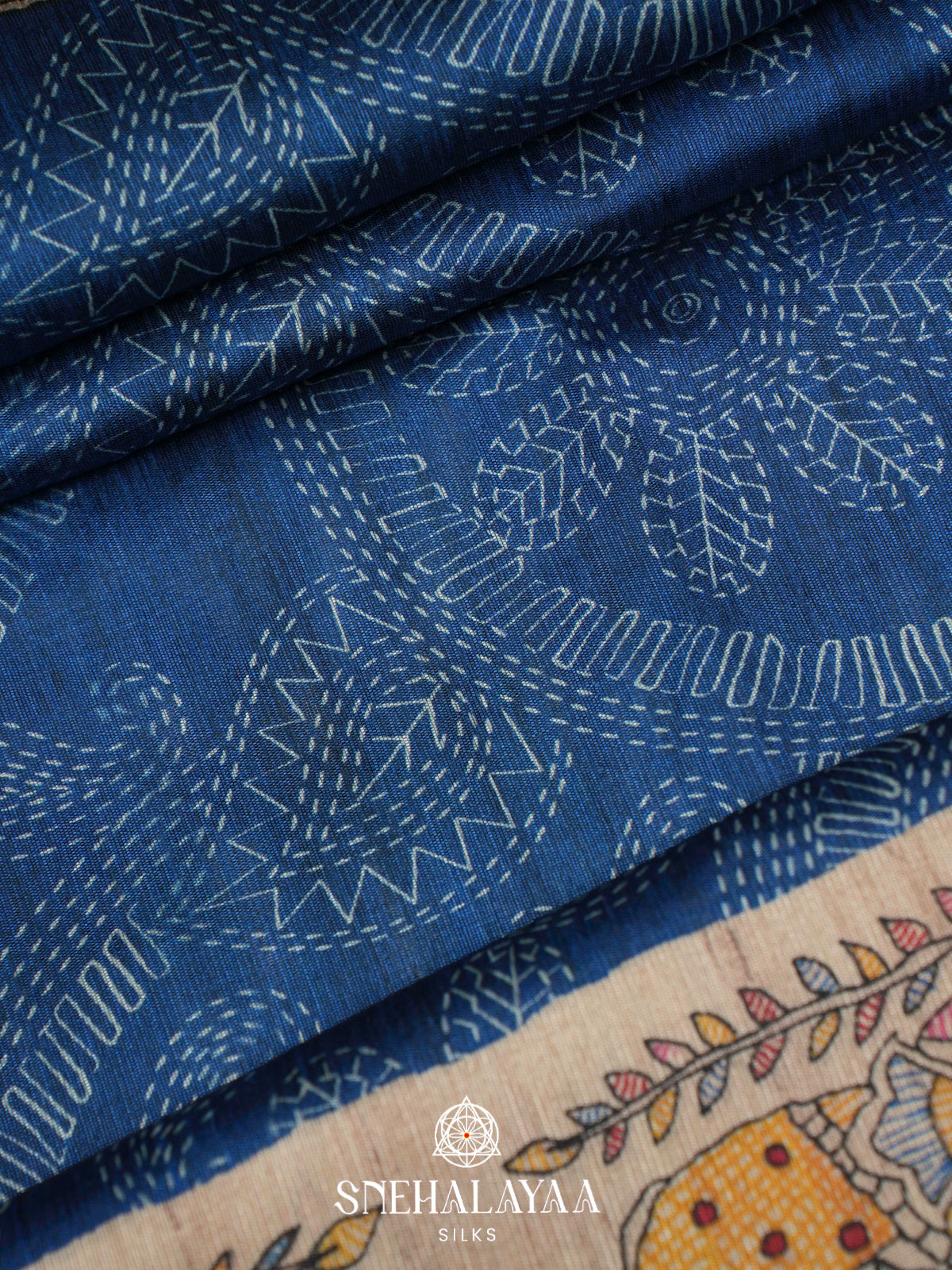 Blue Madhubani Printed Tussar Saree