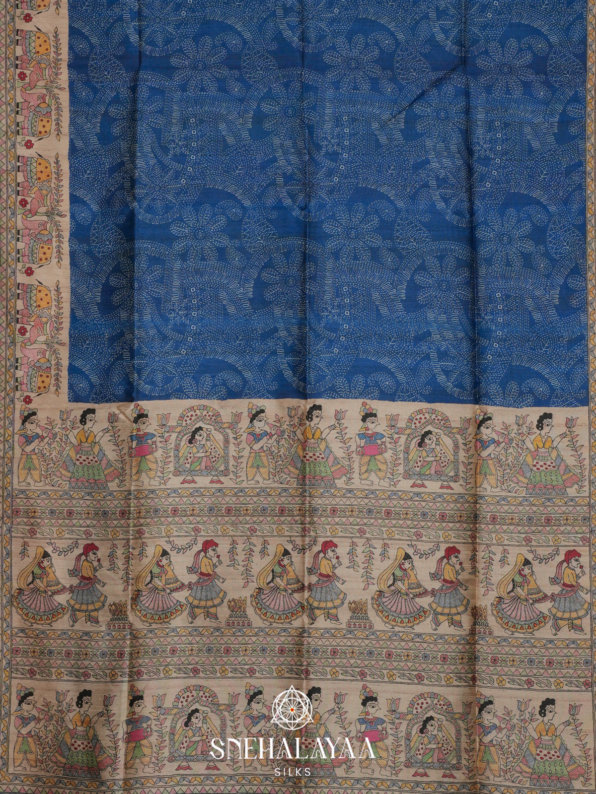 Blue Madhubani Printed Tussar Saree