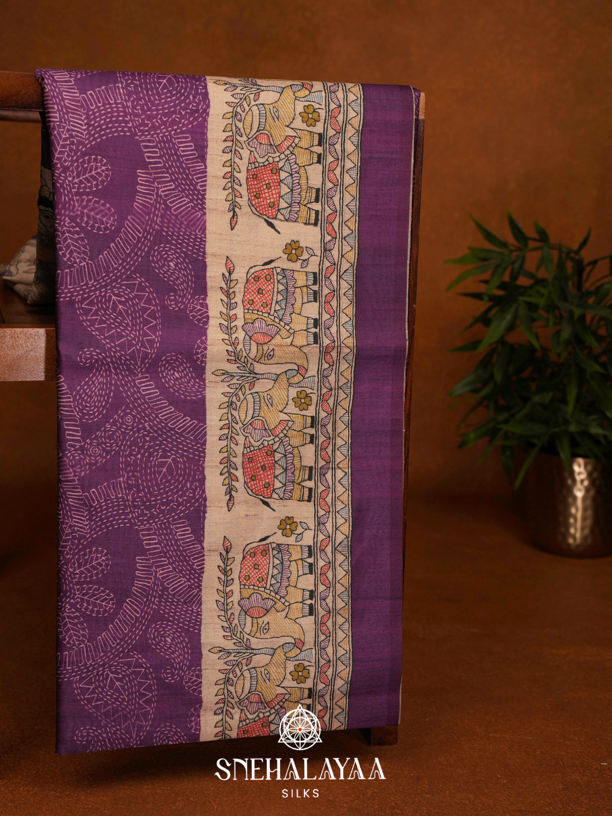Violet Madhubani Printed Tussar Saree